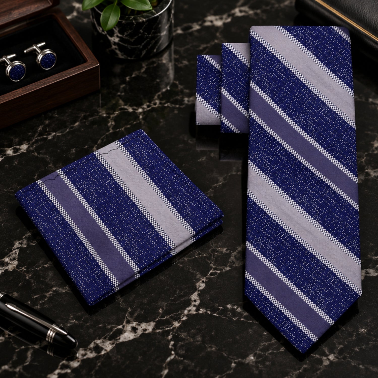 Blue & Silver Gray Striped Necktie with Fine Check Borders