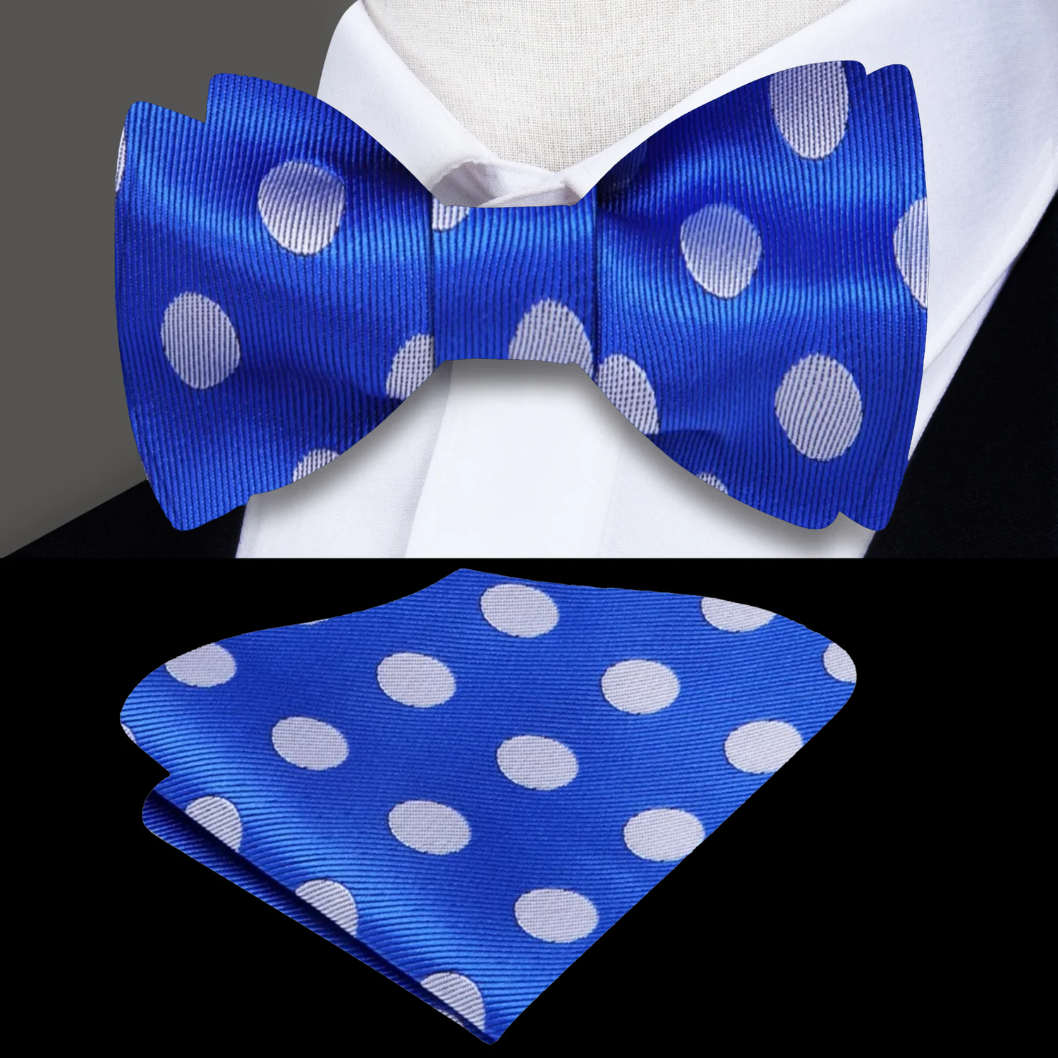 Main: A Blue, Grey Polka Pattern Silk Pre Tied Bow Tie, Matching Pocket Square