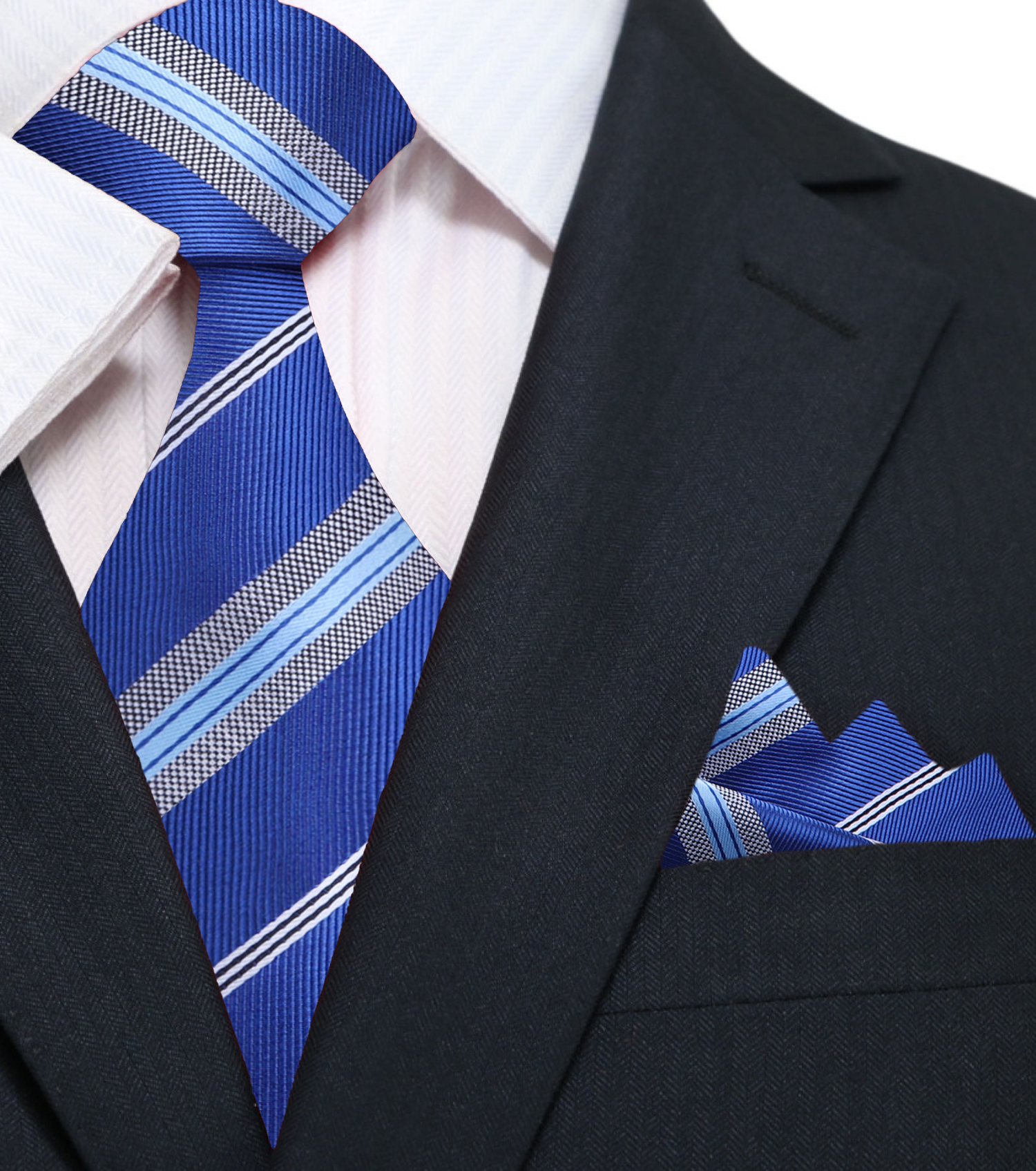 A Blue, Grey, White Stripe Pattern Silk Necktie, With Matching Pocket Square