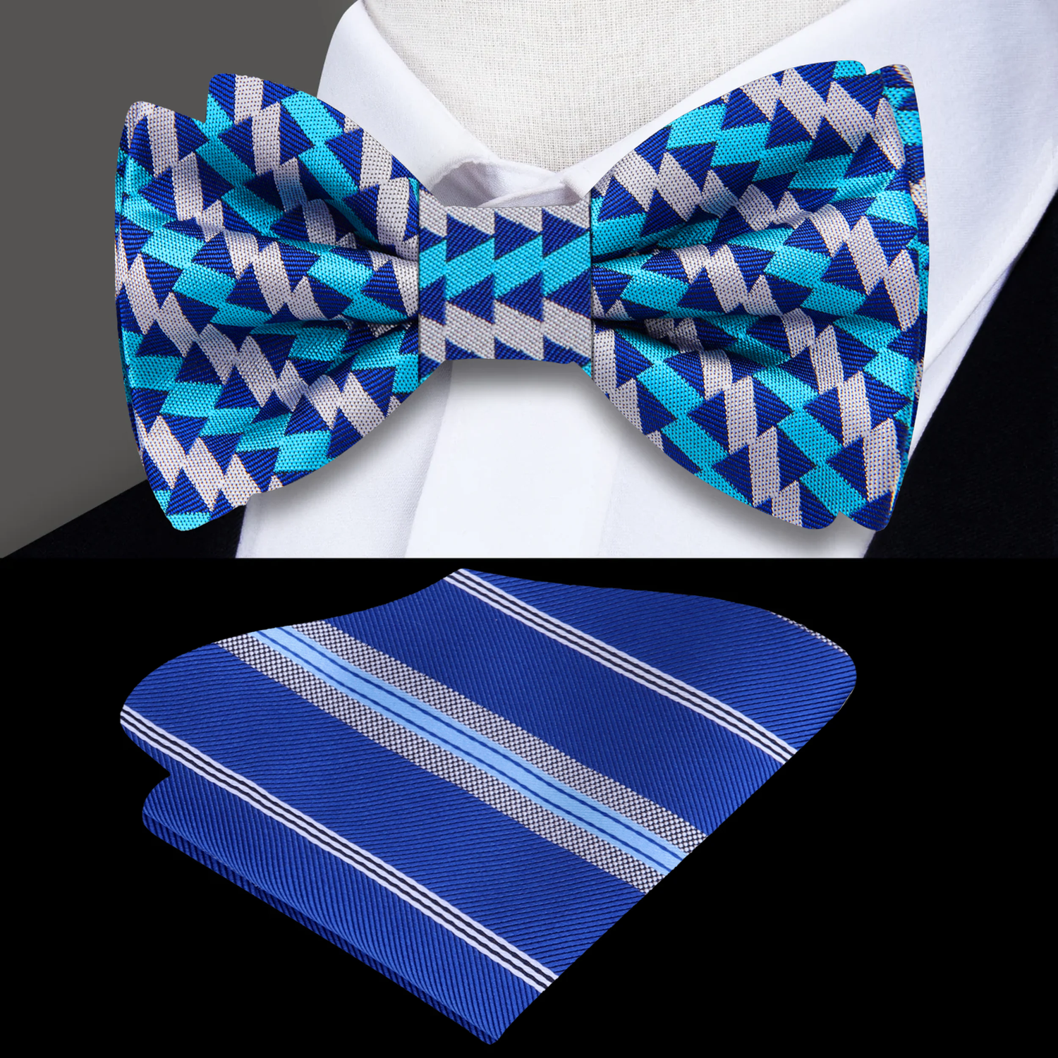 Blue Grey Triangles Bow Tie and Accenting Square