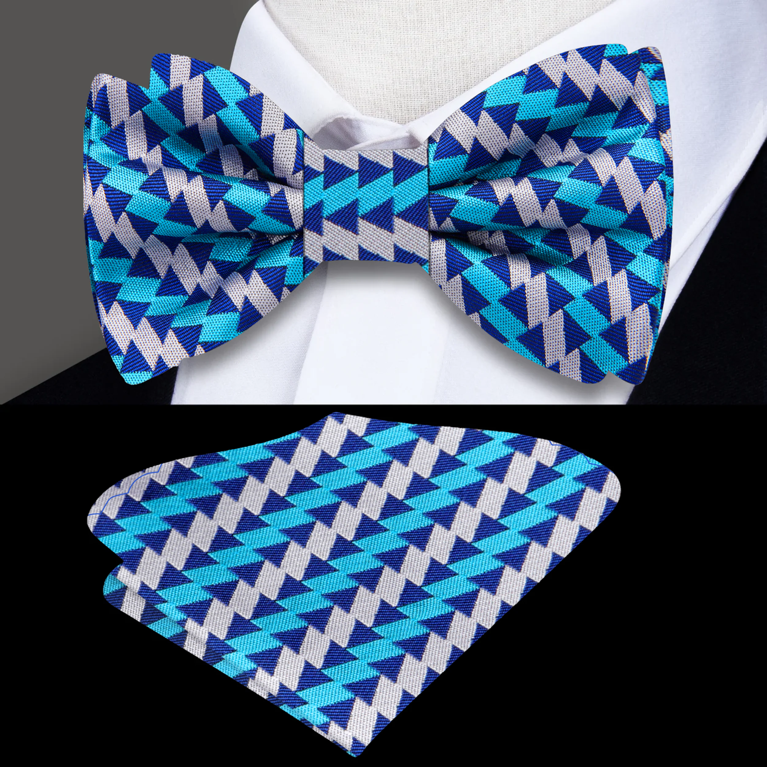 Blue, Light Blue, Grey Geometric Bow tie and pocket square