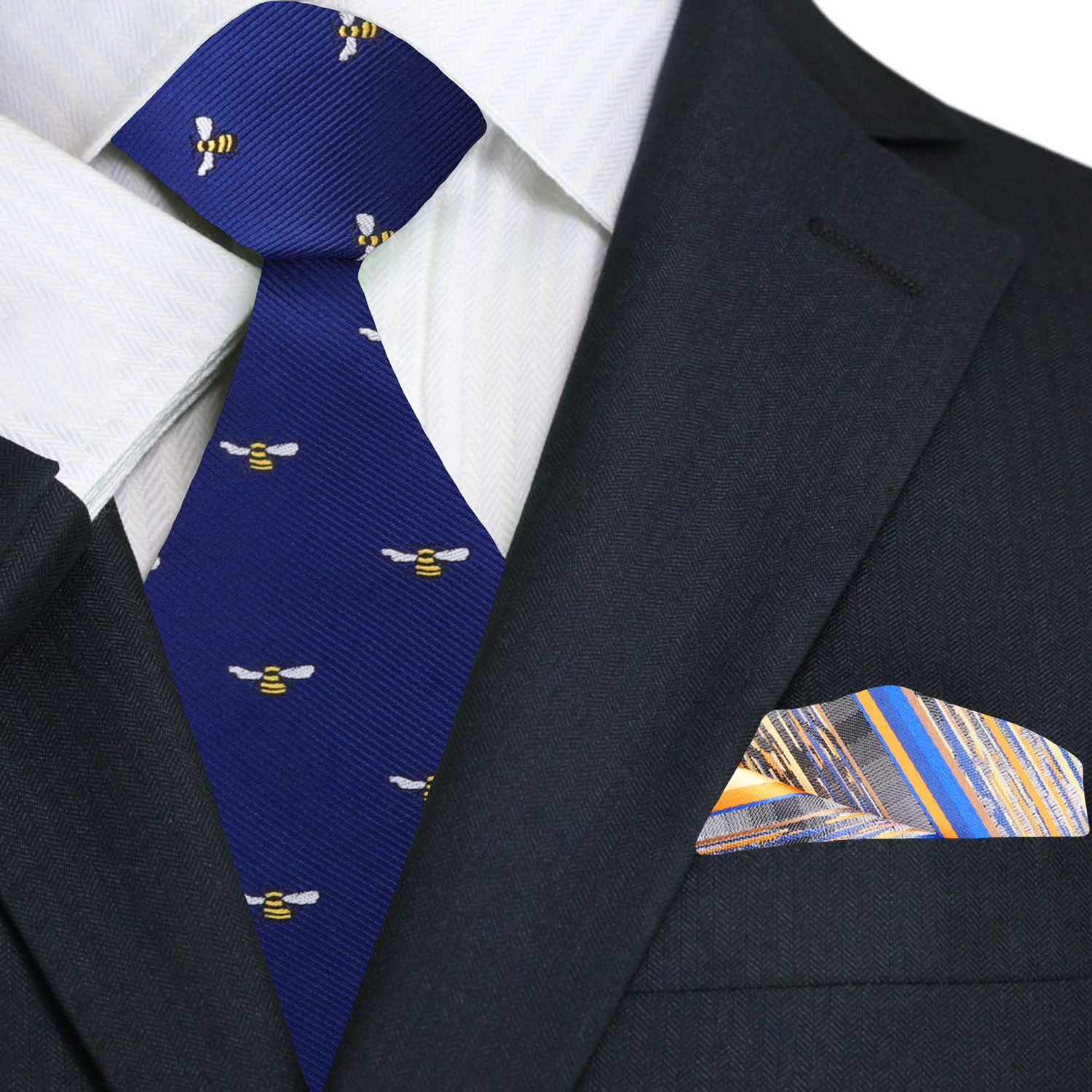 Primary Blue, Yellow, Black Honey Bee Tie and Accenting Pocket Square