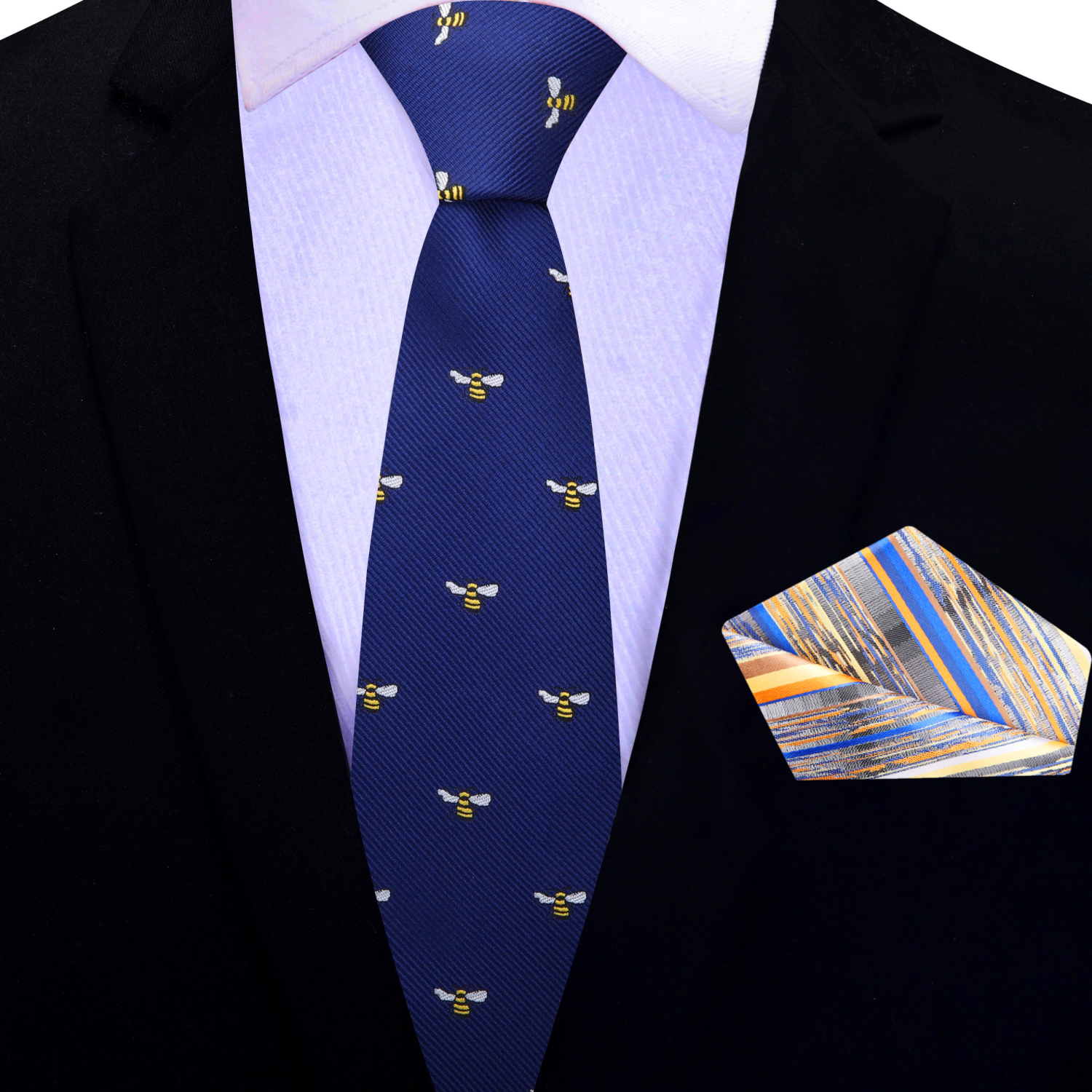 Thin Blue, Yellow, Black Honey Bee Tie and Accenting Pocket Square