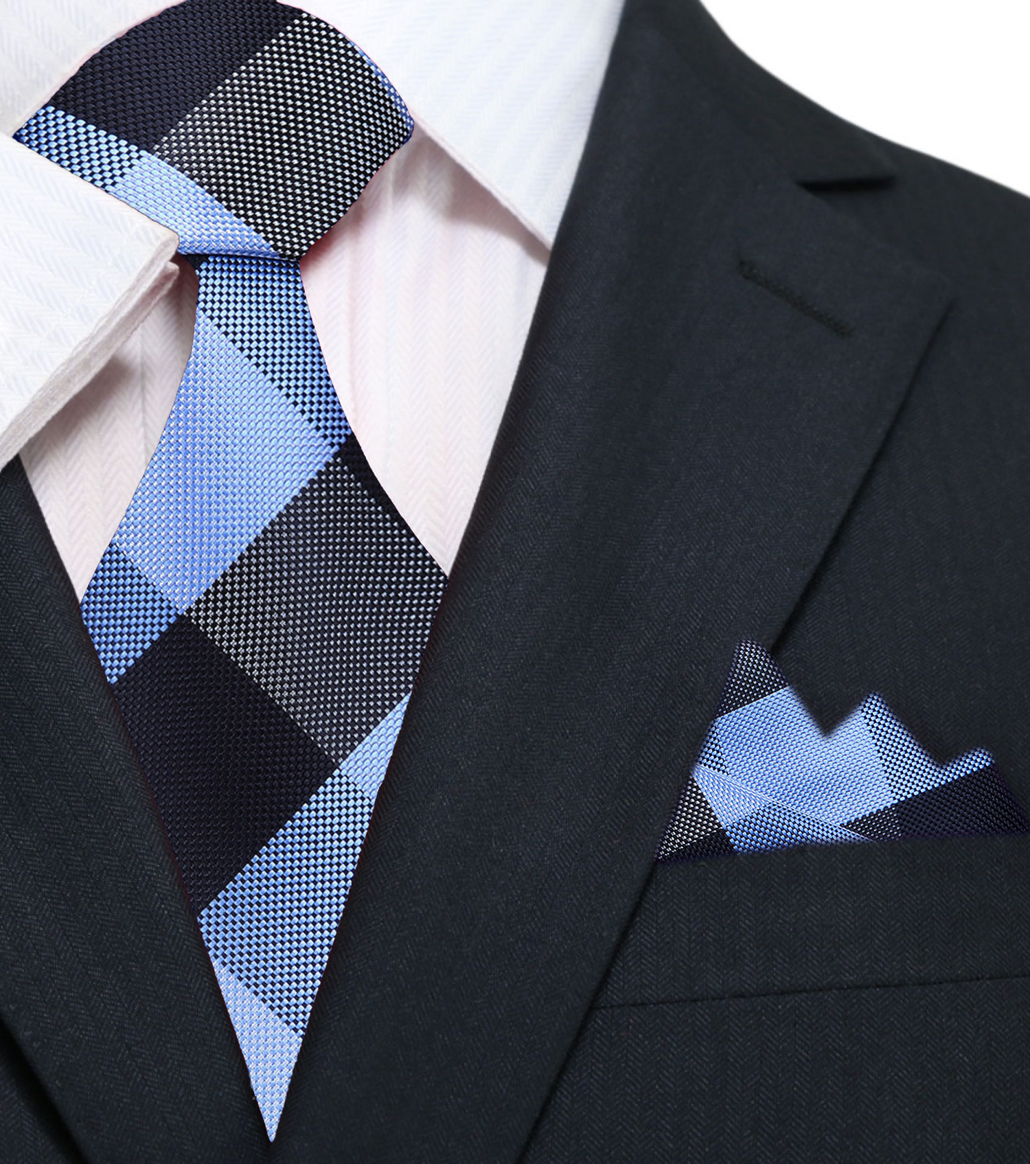 Main: A Blue, Dark Blue Plaid Pattern Silk Necktie, Matching Pocket Square