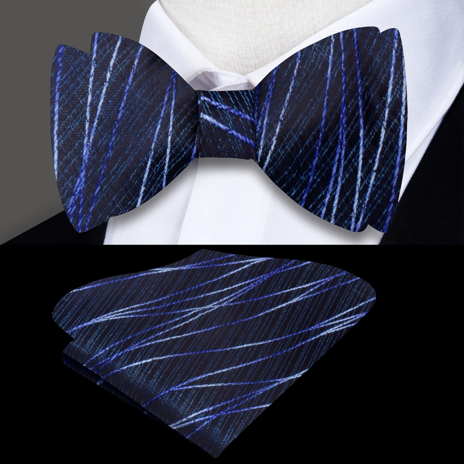 Main A Blue, Black 3D Intersecting Abstract Lines Pattern Silk Self Tie Bow Tie, Pocket Square