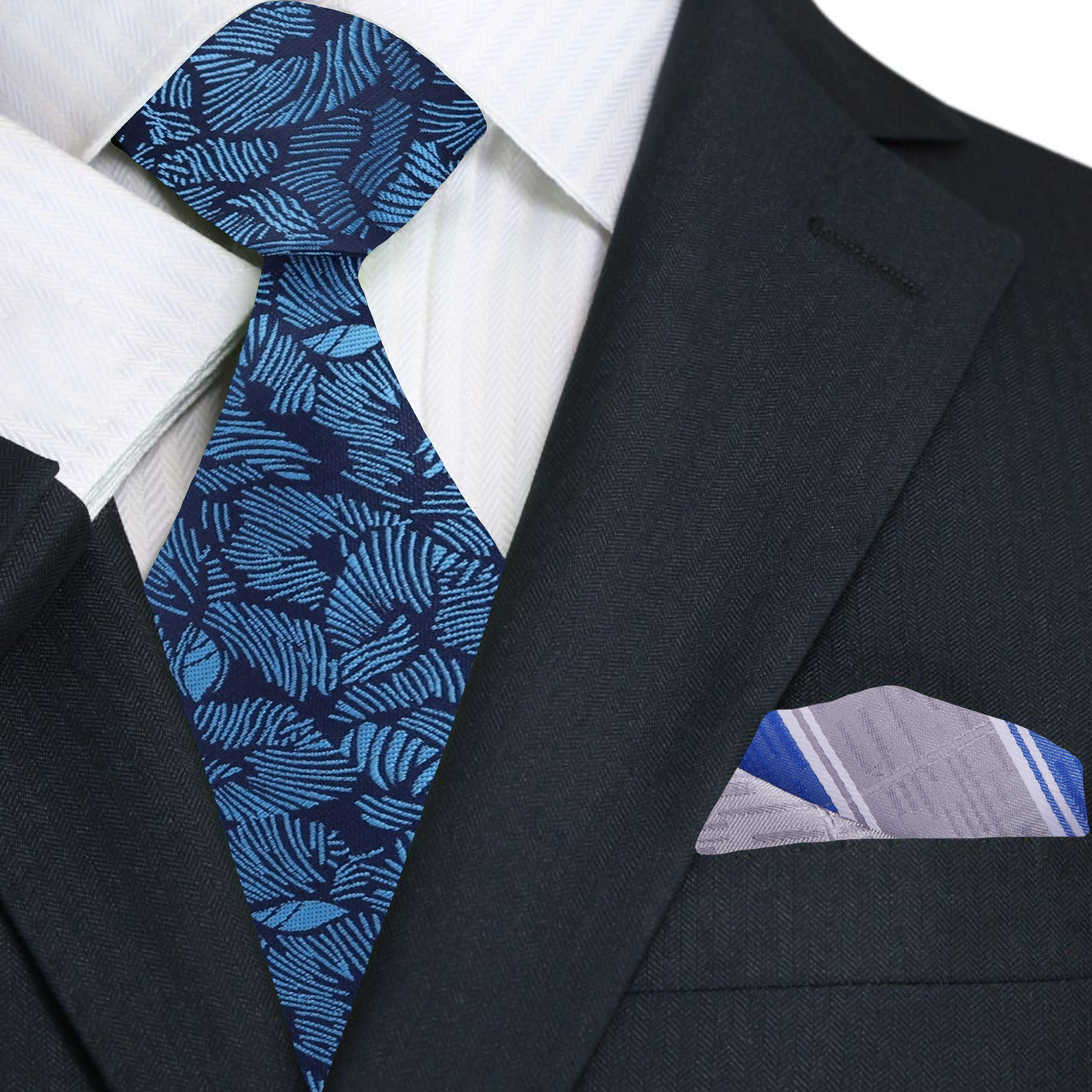 Dark Blue with Light Blue Palm Leaves Tie and Accenting Square