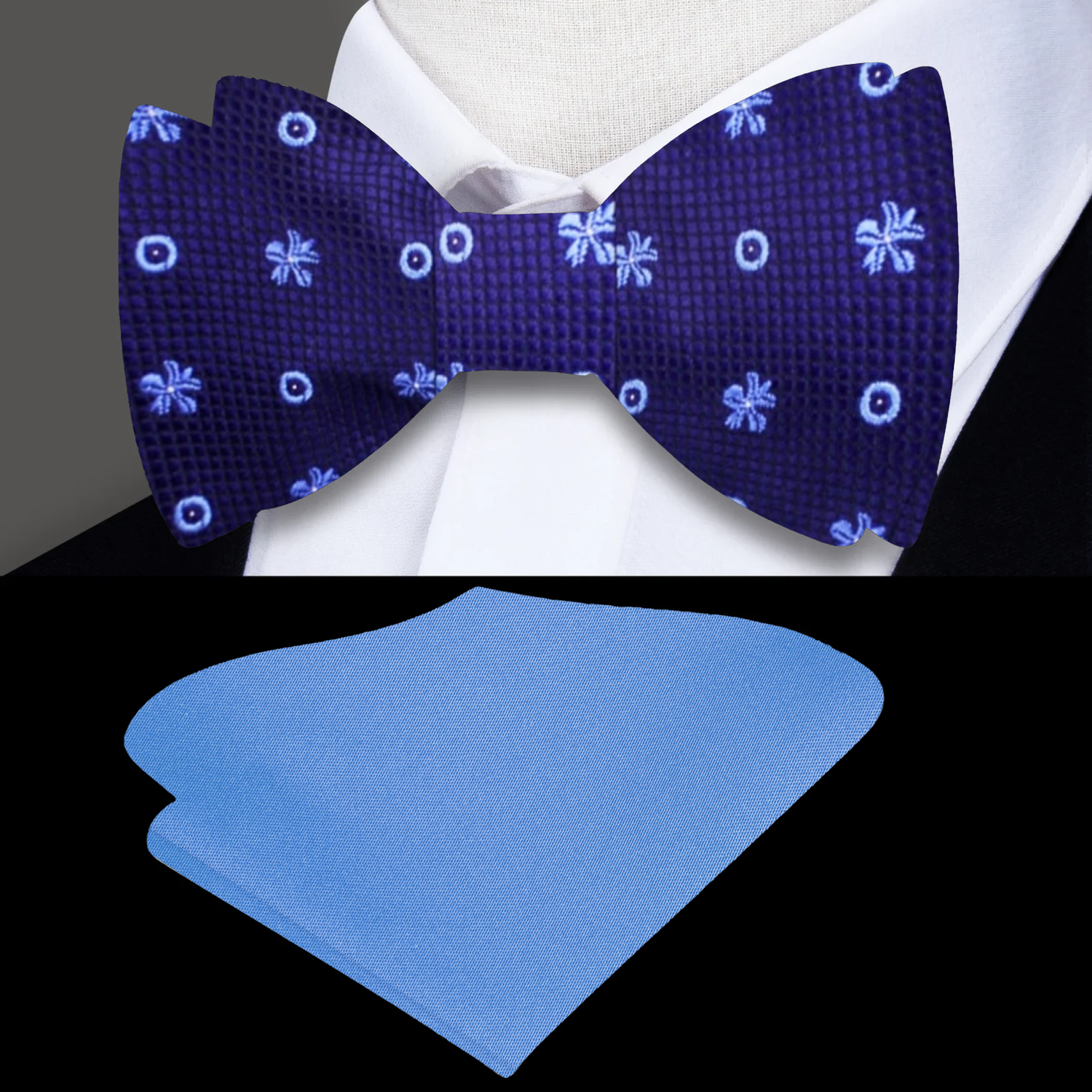 Dark Blue with Light Blue Small Flowers Bow Tie and Light Blue Square