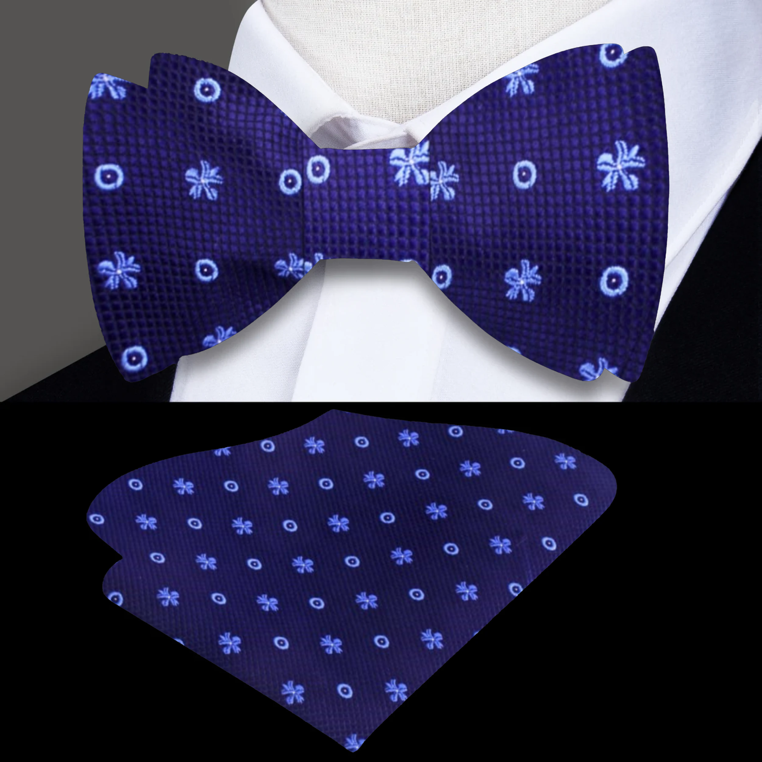 Dark Blue with Light Blue Small Flowers Bow Tie and Matching Square