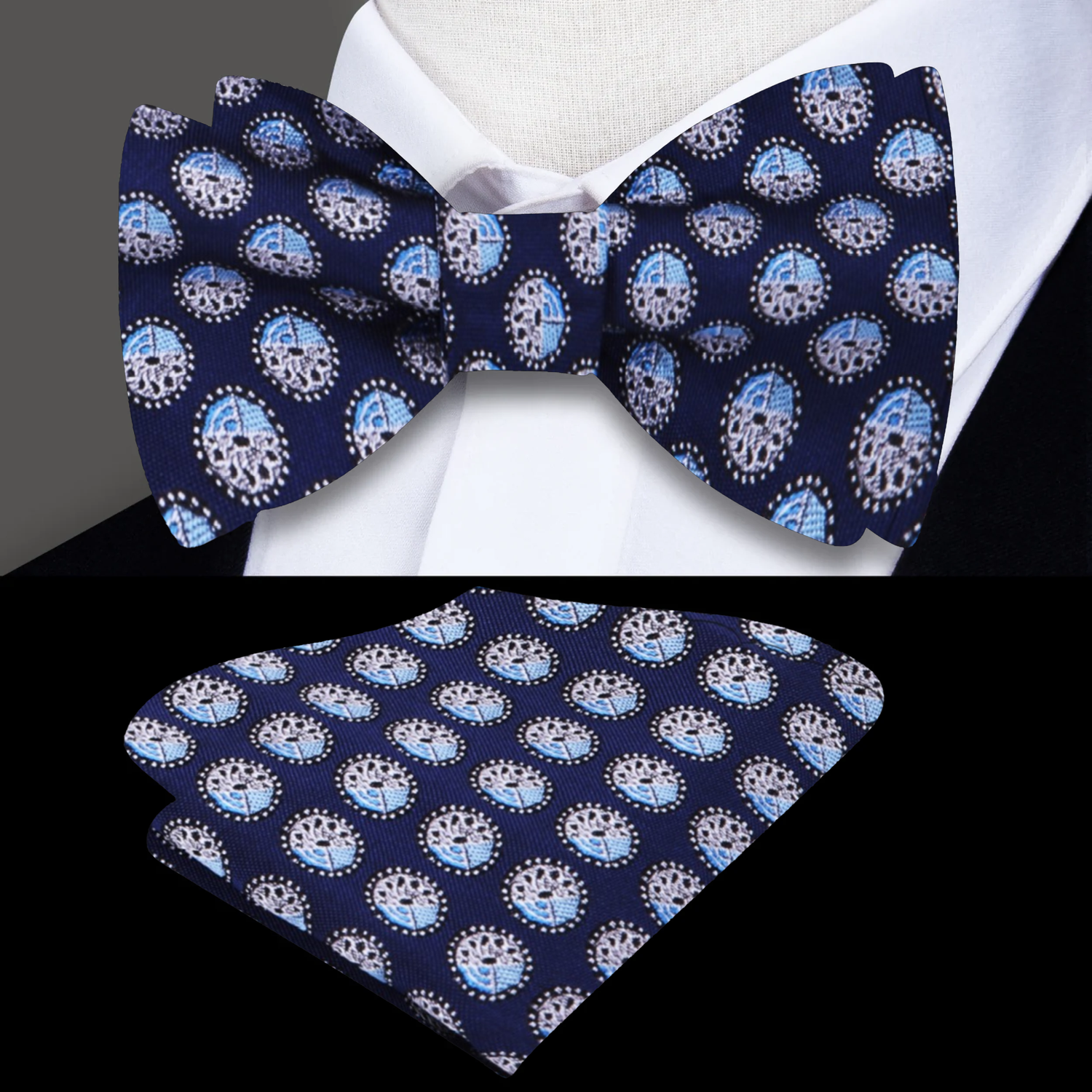 A Blue Polka Pattern Silk Self Tie Bow Tie, Matching Pocket Square