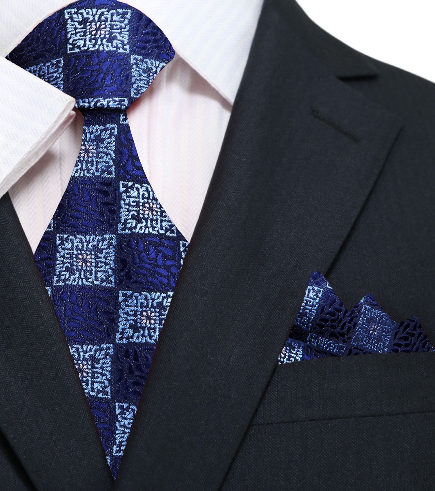 A Blue, Dark Blue Geometric With Paisley Pattern Silk Necktie, With Matching Pocket Square