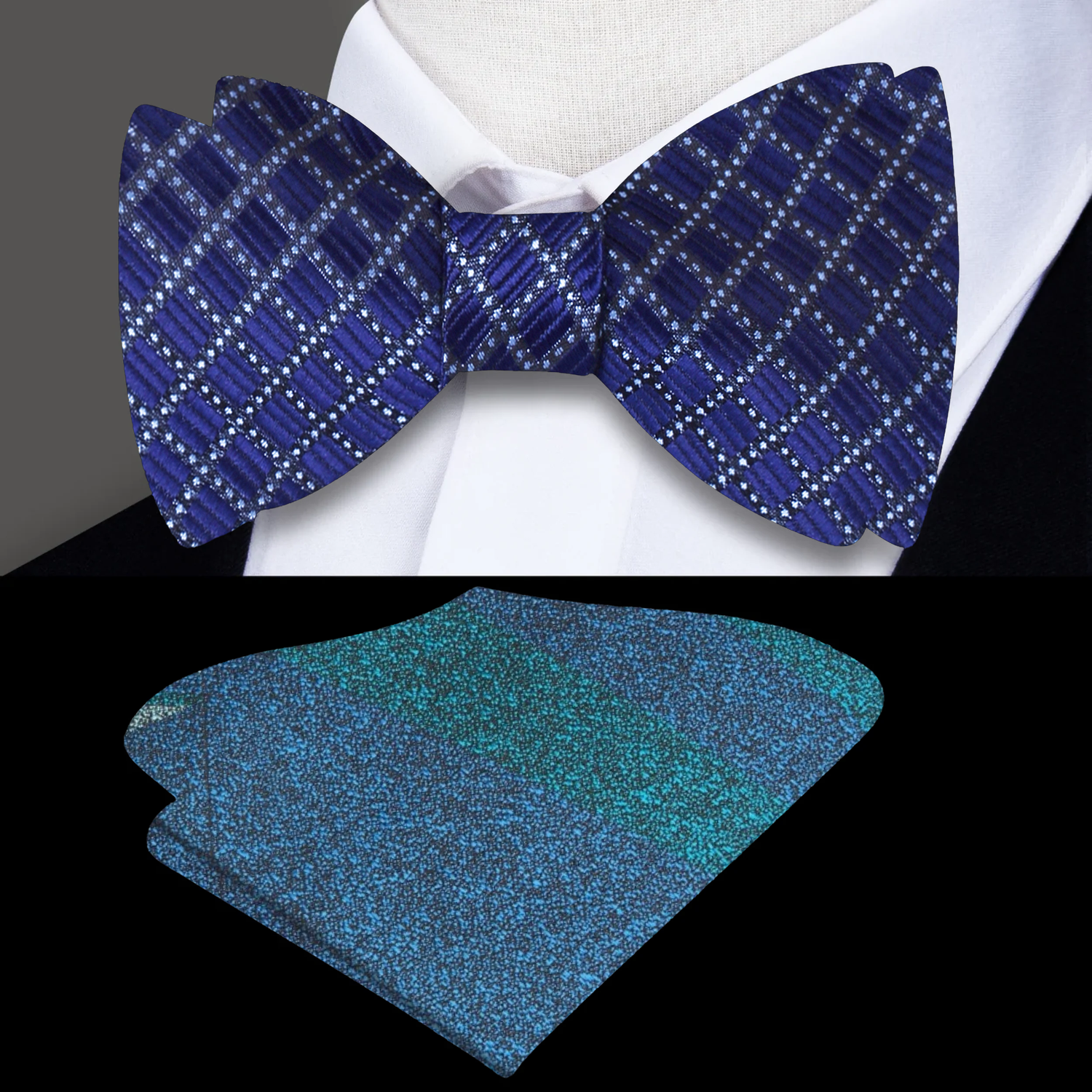 A Blue Small Geometric Check Pattern Silk Self Tie Bow Tie, Accenting Pocket Square