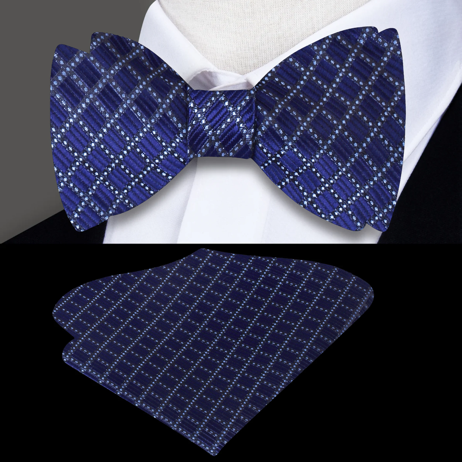 A Blue Small Geometric Check Pattern Silk Self Tie Bow Tie, Matching Pocket Square