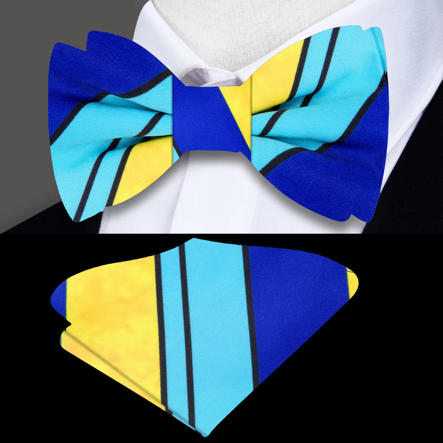 Blue, Yellow Lines Bow Tie and Pocket Square