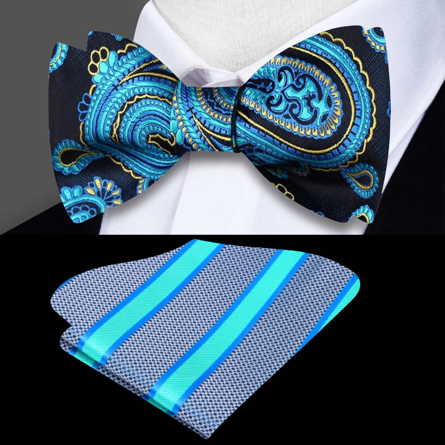 Main View: A Dark Blue, Aqua, Yellow Paisley Pattern Silk Self Tie Bow Tie, Accenting Pocket Square