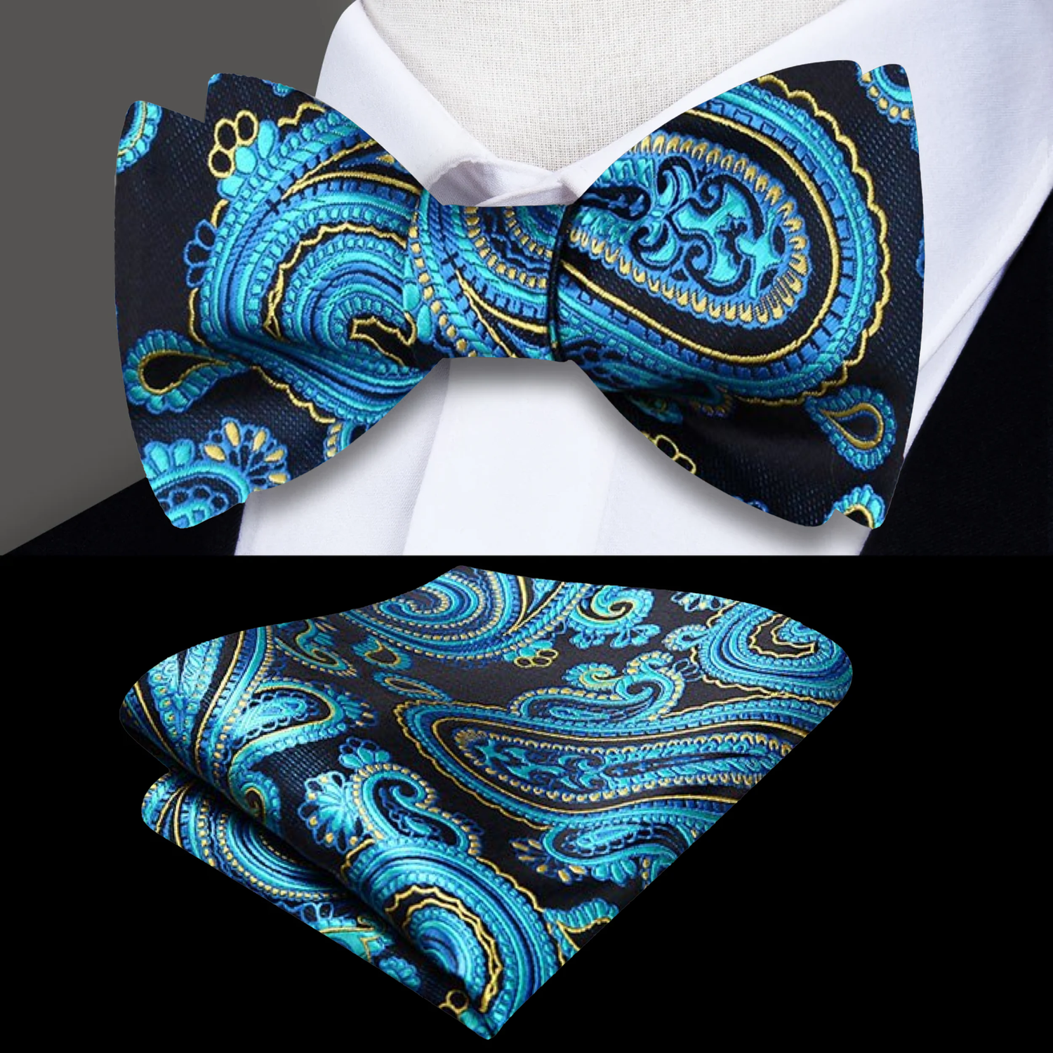 Main View: A Dark Blue, Aqua, Yellow Paisley Pattern Silk Self Tie Bow Tie, Matching Pocket Square