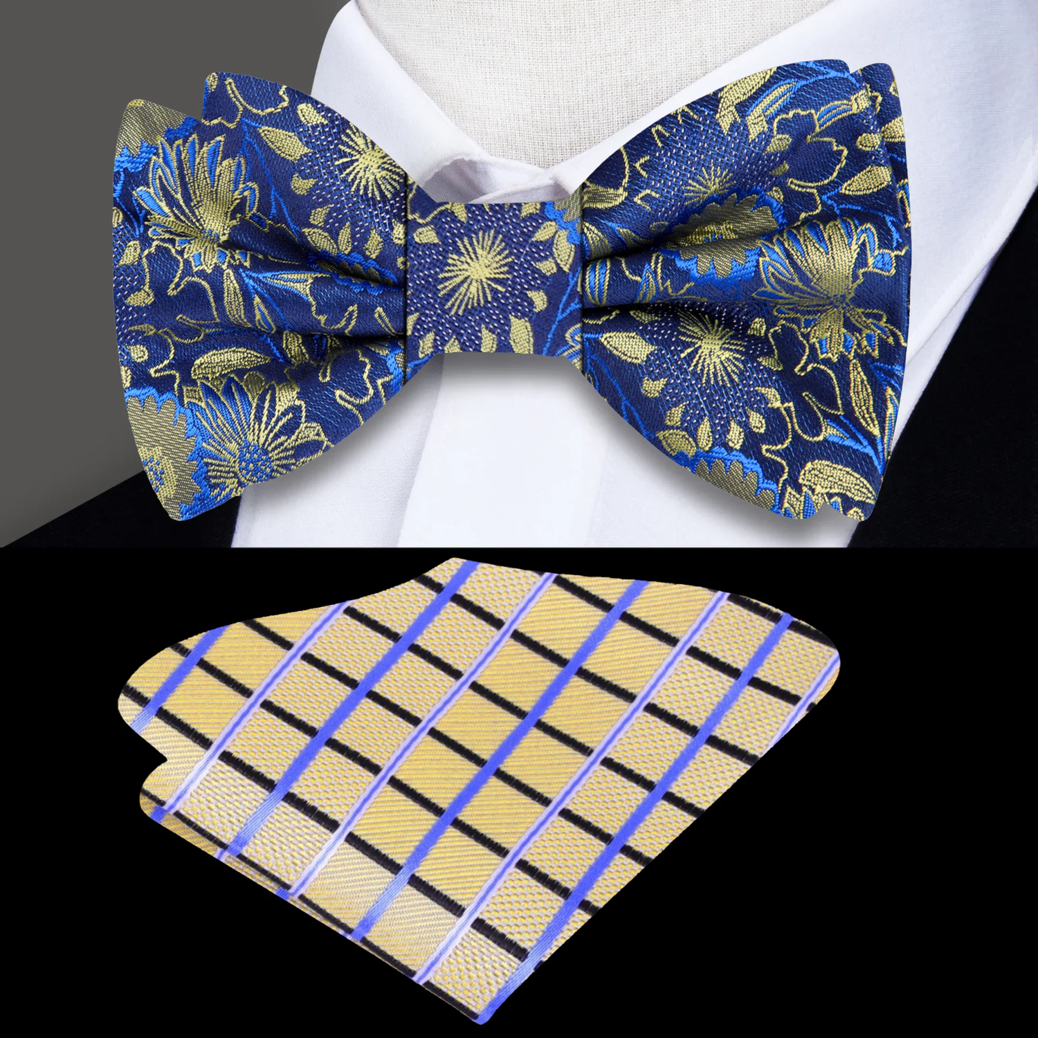 Blue, Gold Flowers Bow Tie and Accenting Square