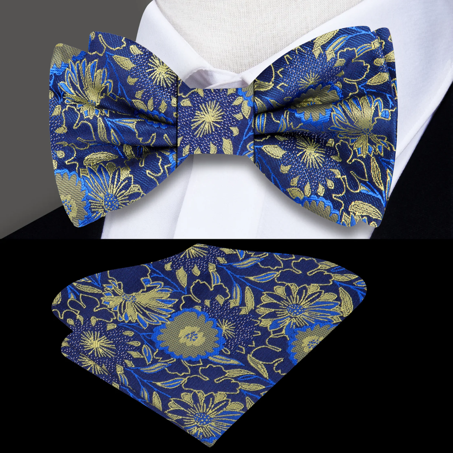 Blue, Gold Flowers Bow Tie and  Square