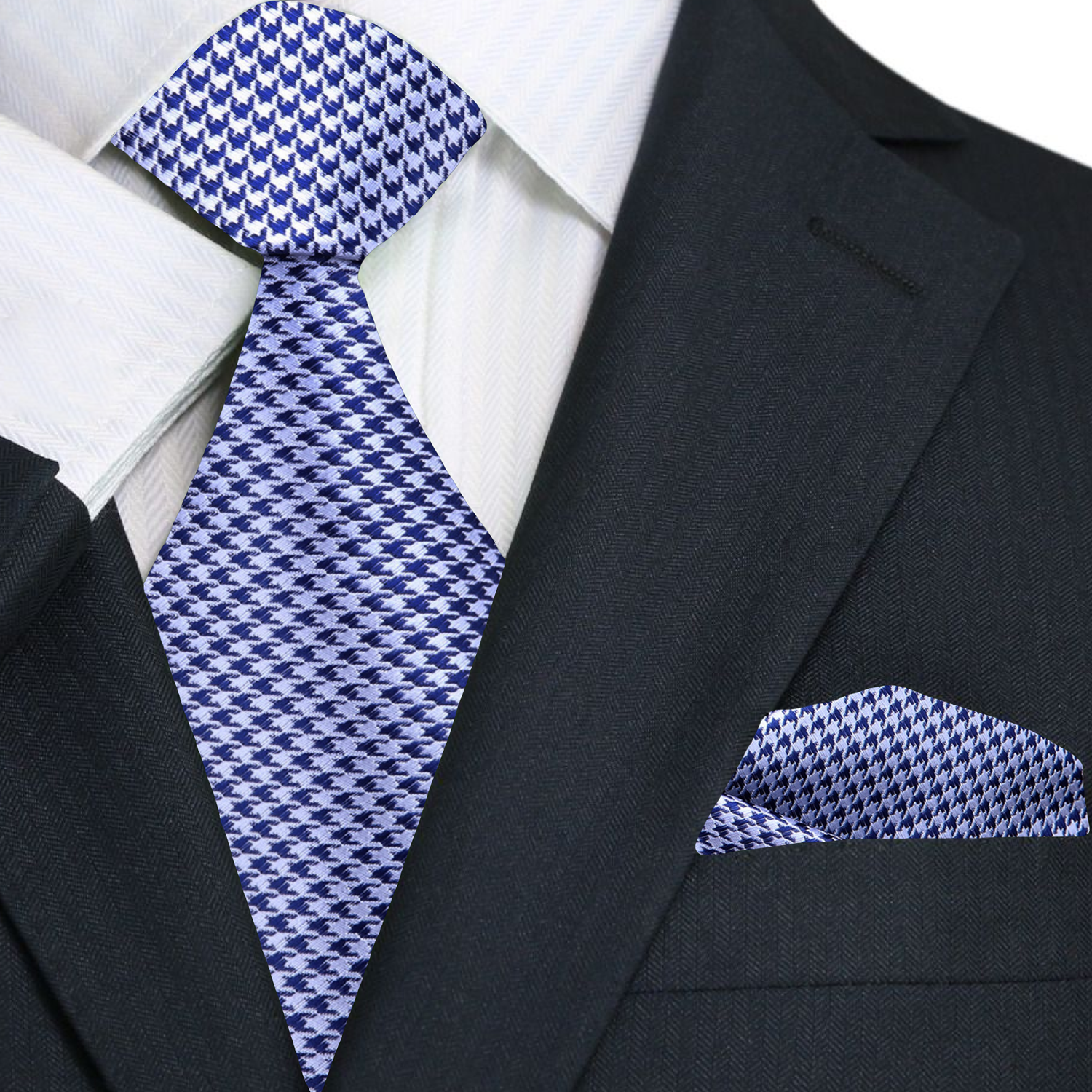 Main: Blue/Light Silver Hounds Tooth Tie and Pocket Square