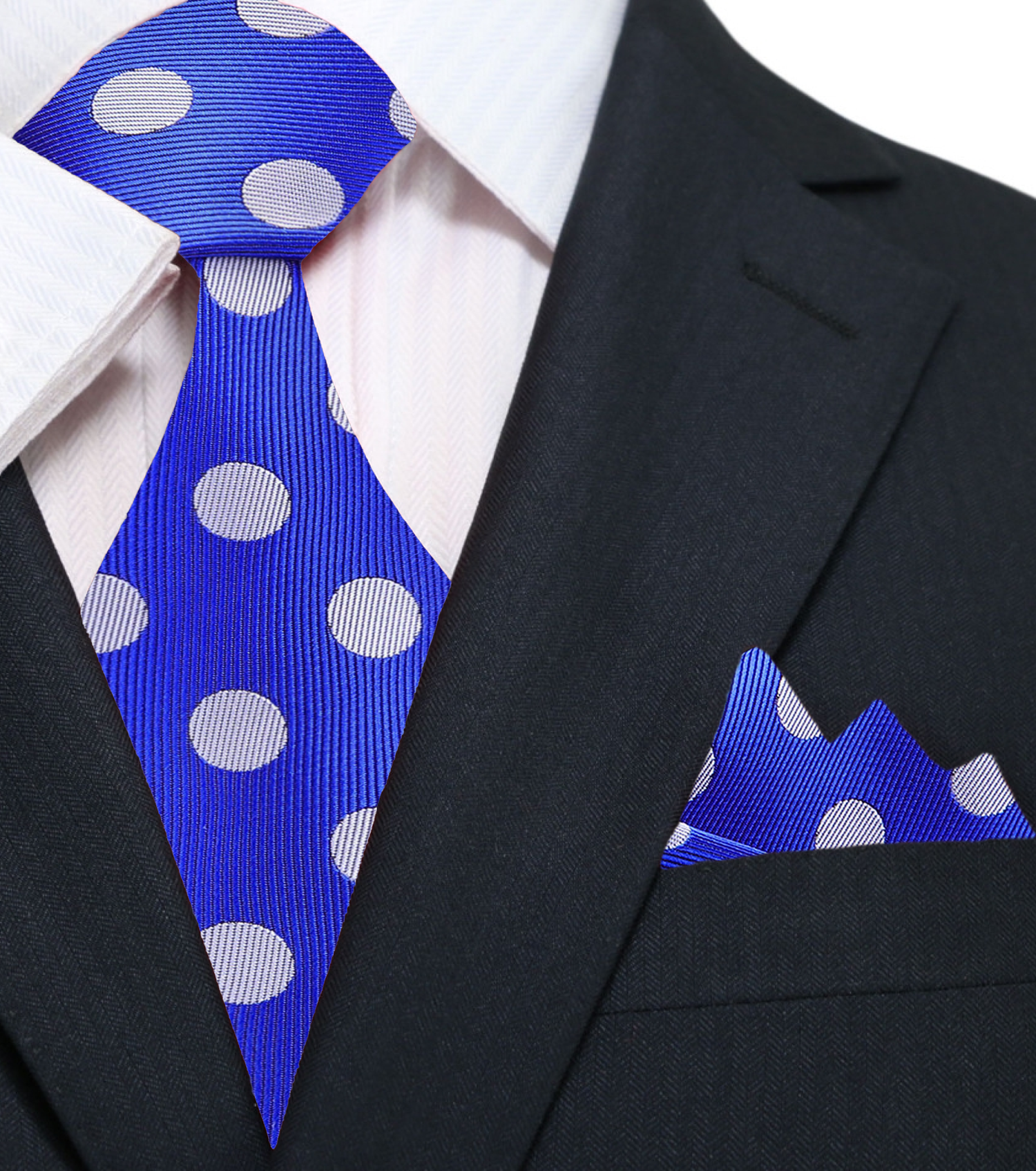 Main: A Blue, Grey Polka Dot Pattern Silk Necktie, Matching Pocket Square