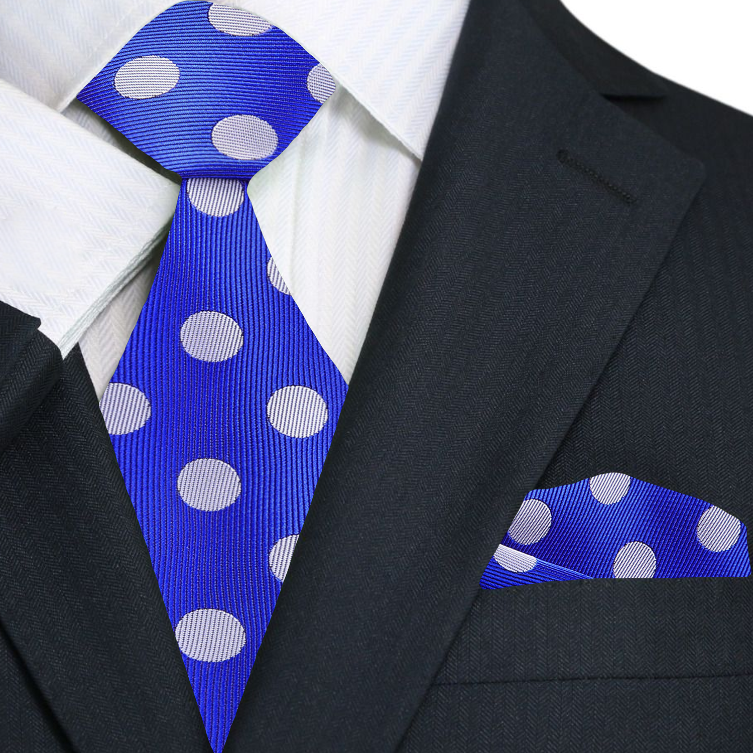 Main: A Blue, Grey Polka Dot Pattern Necktie, Matching Pocket Square