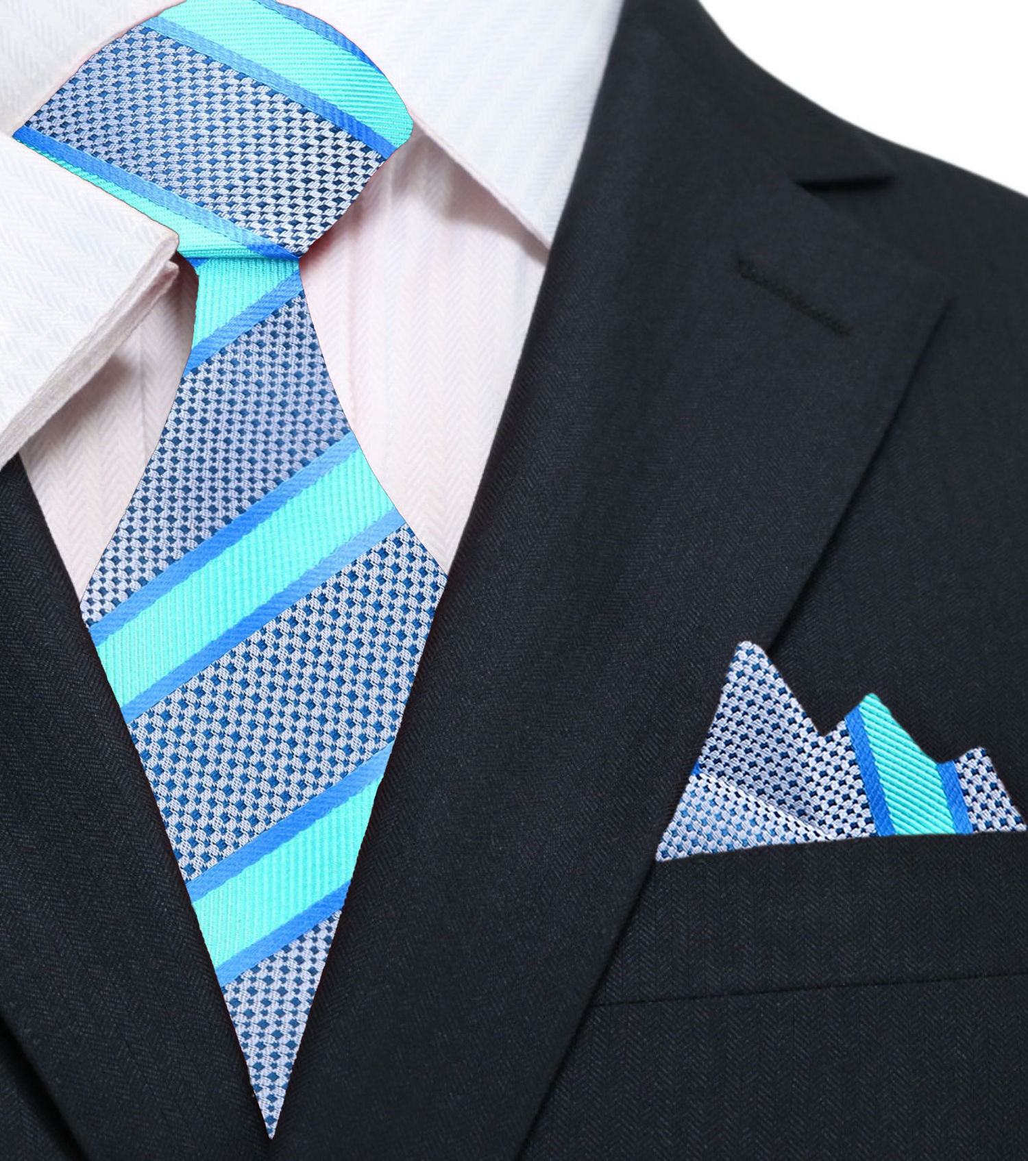 A Bright Blue, Grey Stripe Pattern Silk Necktie, Pocket Square