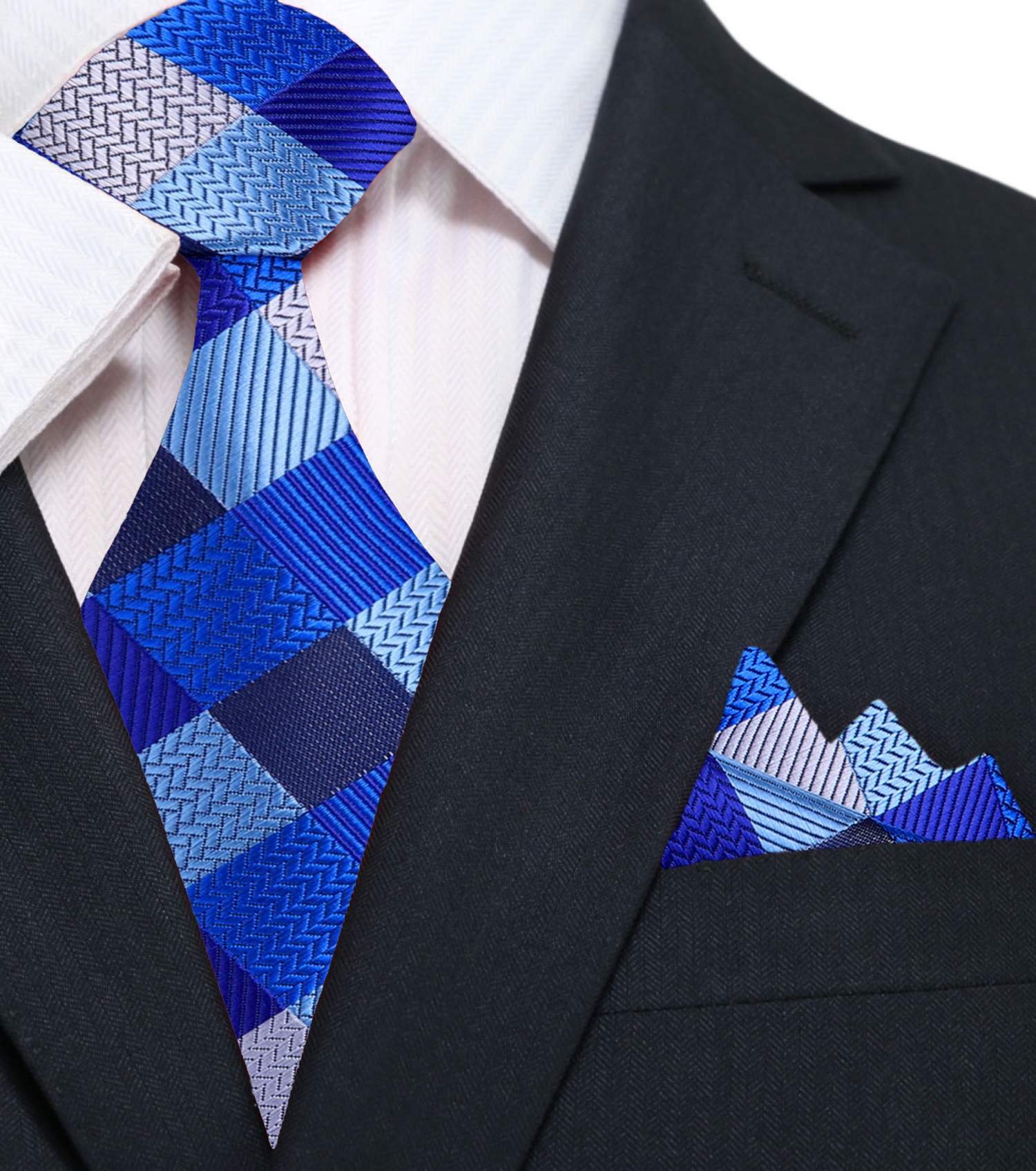 A Blue, Light Blue Color Checker Pattern Silk Necktie,  Pocket Square