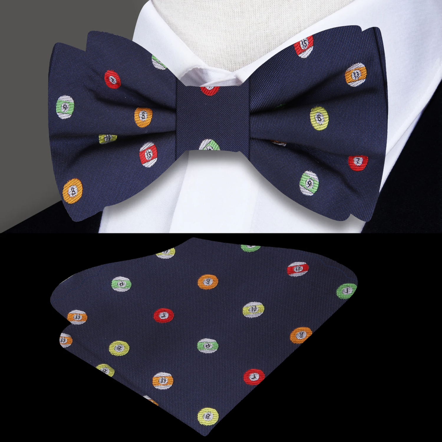 Blue with Multiple Colored Billiard Balls Bow Tie and Pocket Square