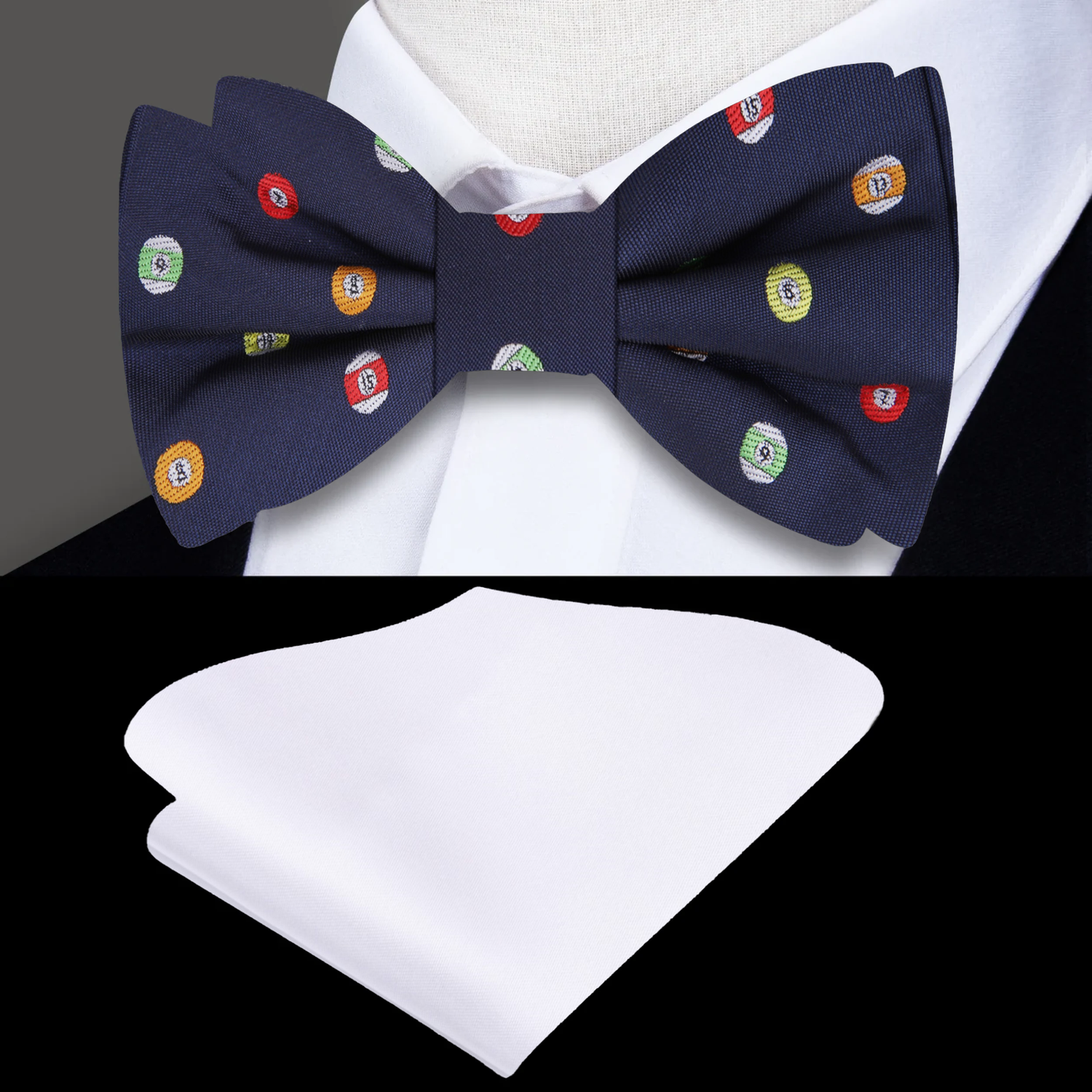 Blue with Multiple Colored Billiard Balls Bow Tie and White Pocket Square