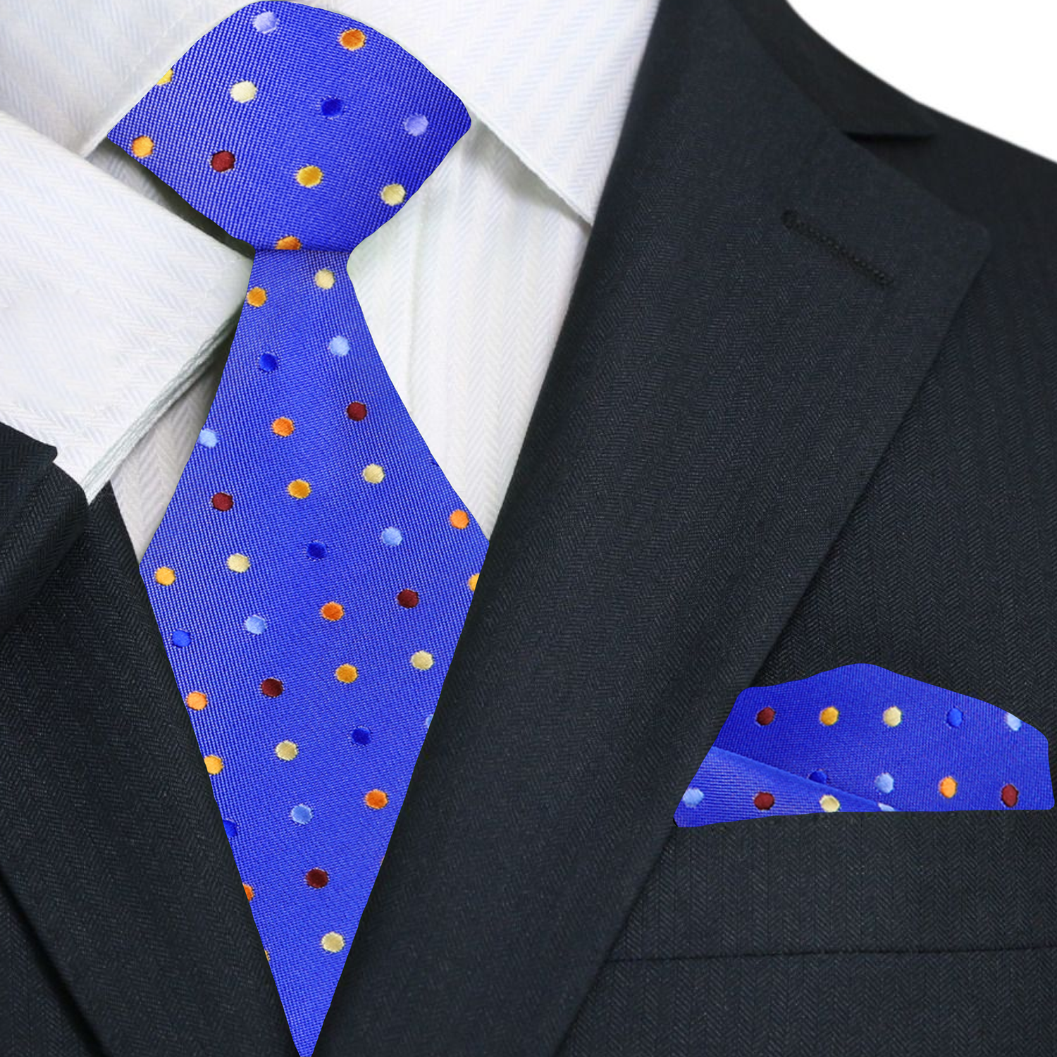 A Light Blue, Blue, Yellow Polka Dot Pattern Necktie, Matching Pocket Square