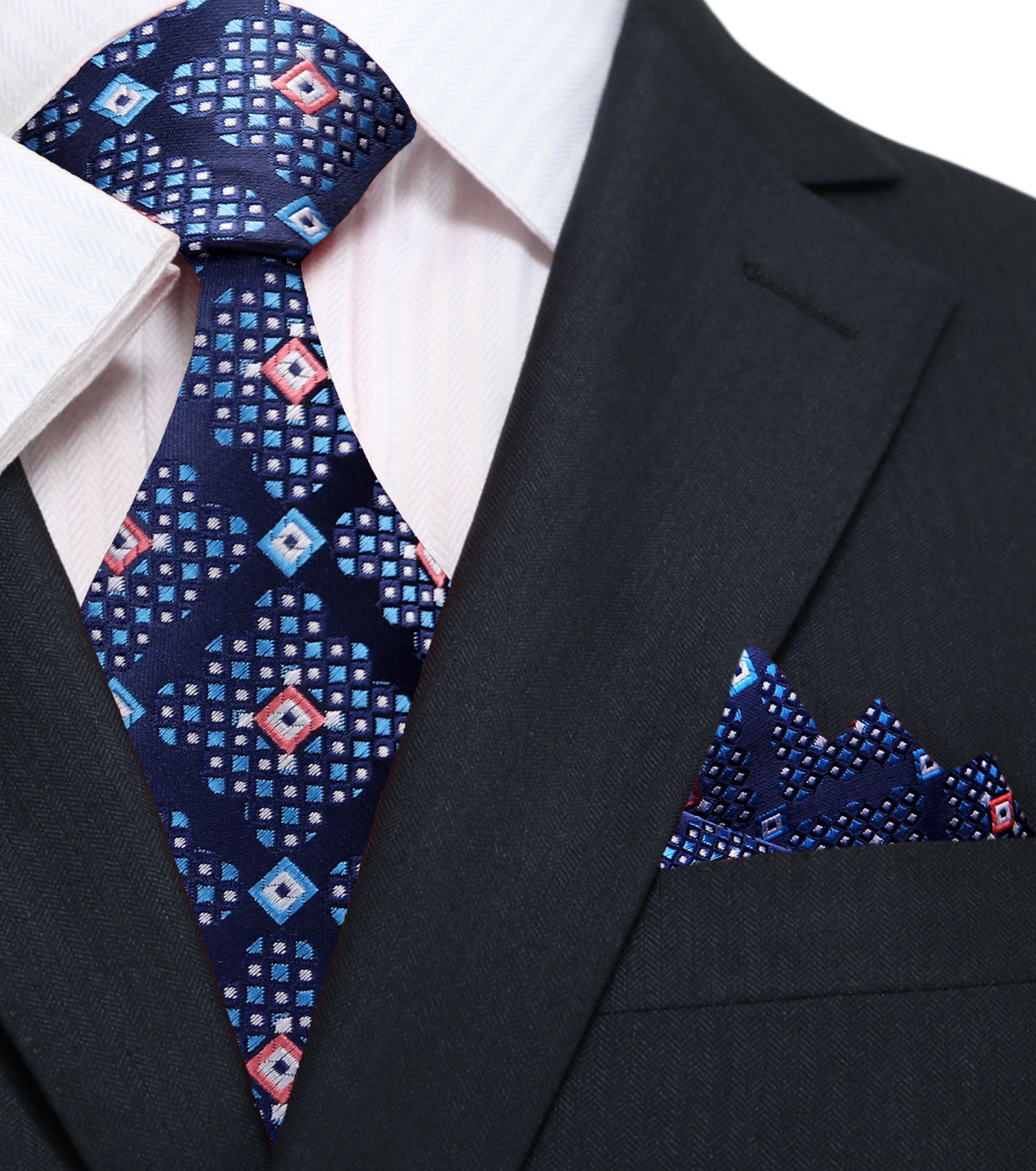 A Dark Blue, Light Blue, Salmon Abstract Geometric Diamond Pattern Pattern Silk Necktie, Matching Pocket Square