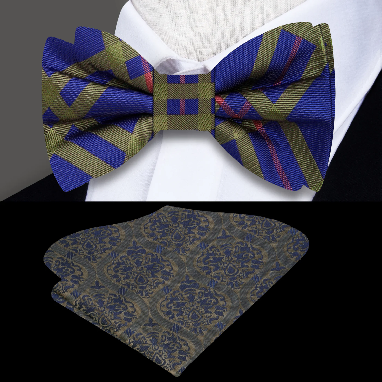 Cobalt Blue, Pale Olive, Pale Red Plaid Bow Tie And Accenting Pocket Square