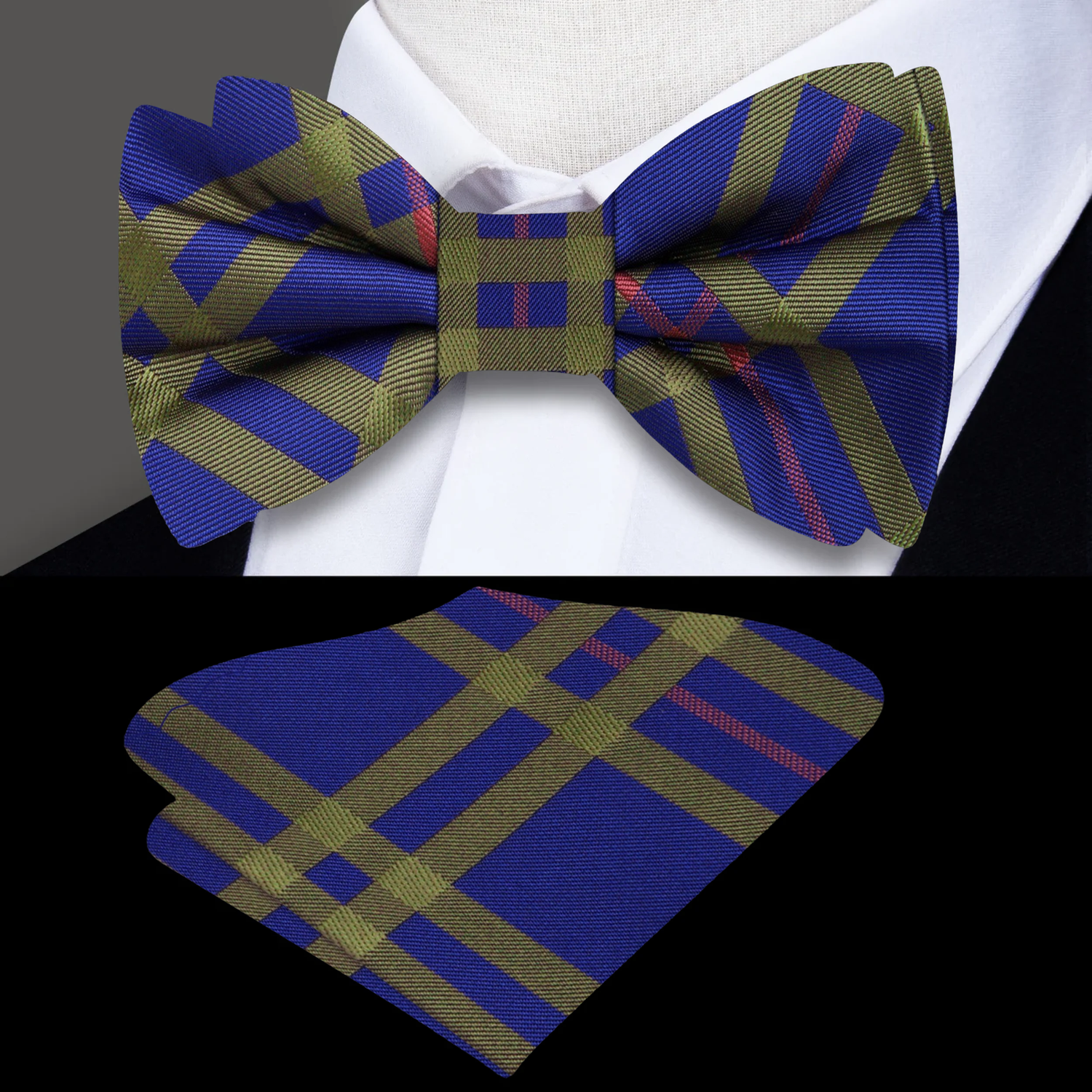 Cobalt Blue, Pale Olive, Pale Red Plaid Bow Tie And Pocket Square