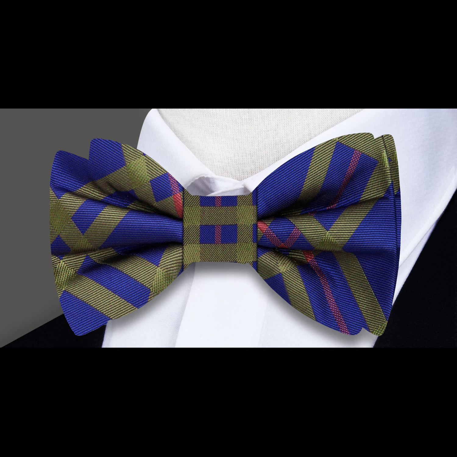 Cobalt Blue, Pale Olive, Pale Red Plaid Bow Tie  