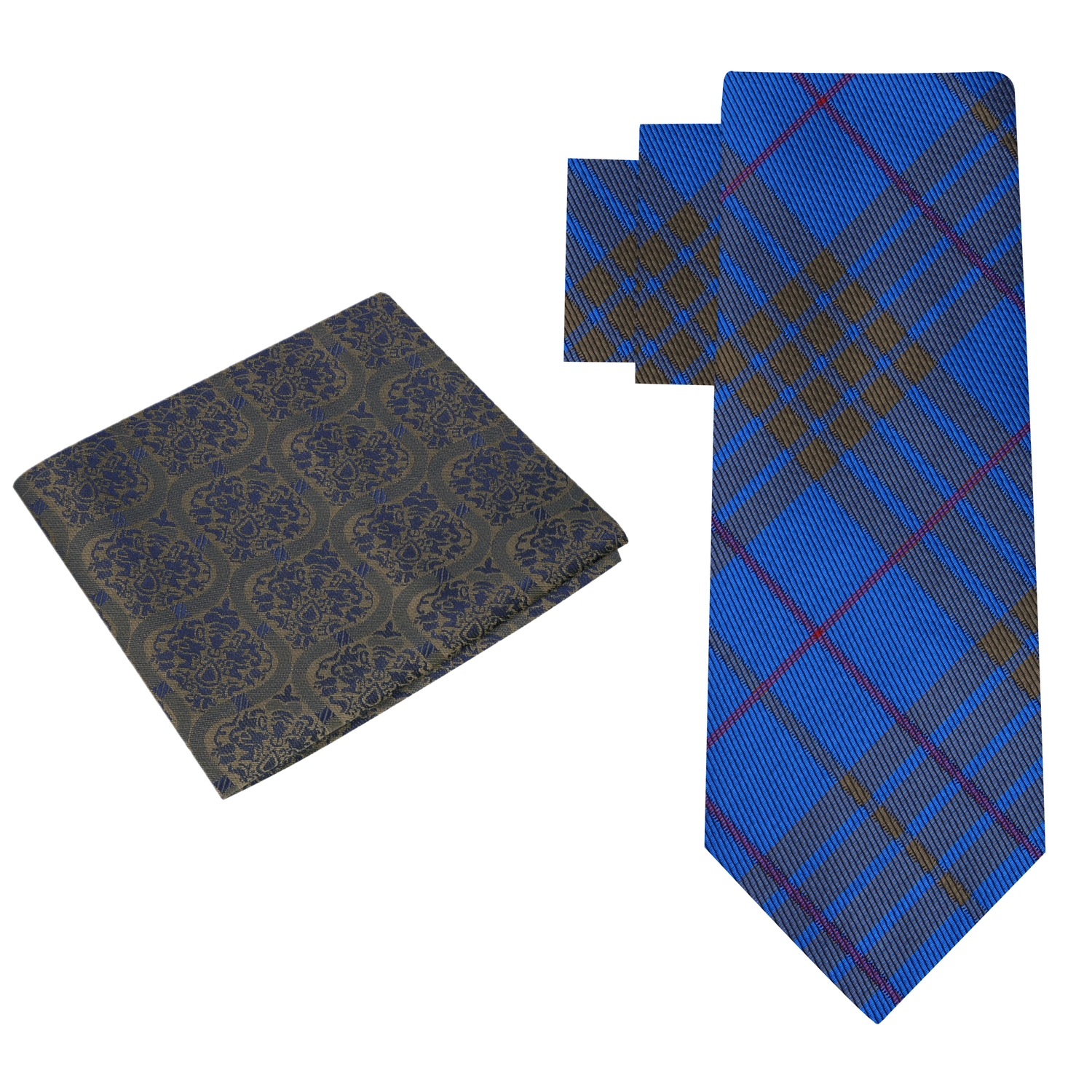 Alt View: Blue, Olive Brown Plaid Necktie and Accenting Olive Blue Abstract Square
