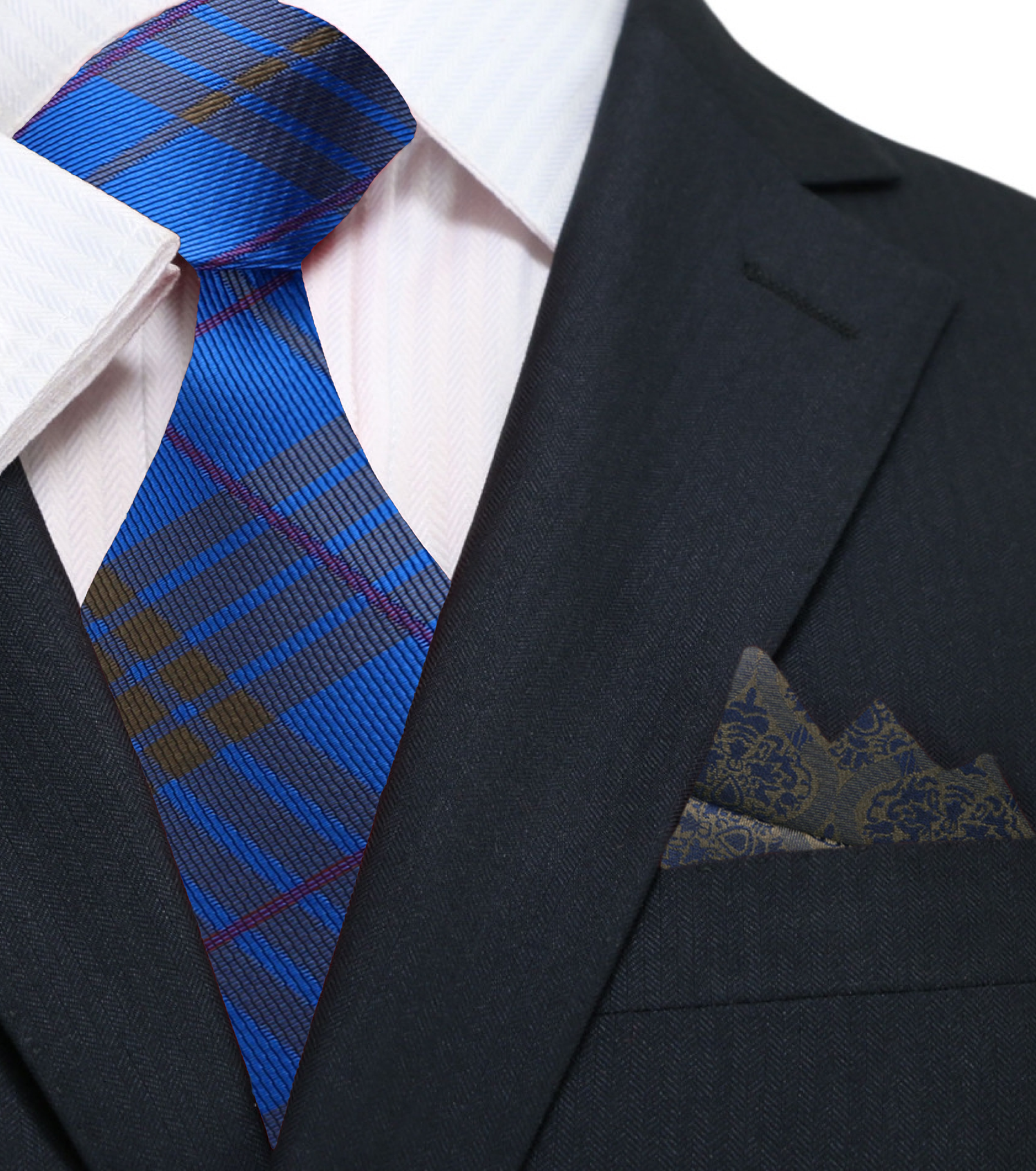  Blue, Olive Brown Plaid Necktie and Accenting Olive Blue Abstract Square