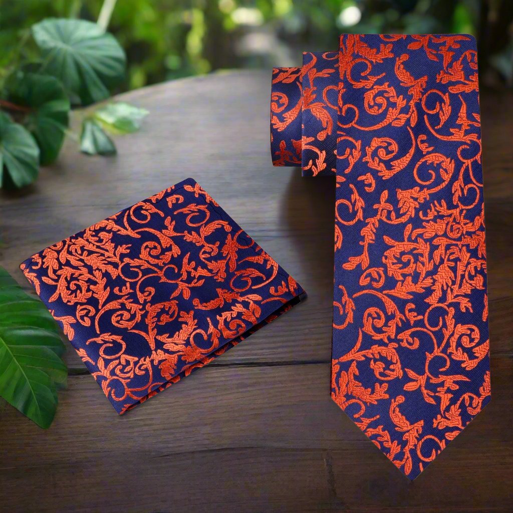 Alt: Blue, Orange Floral Tie and Accenting Square||Blue, Orange