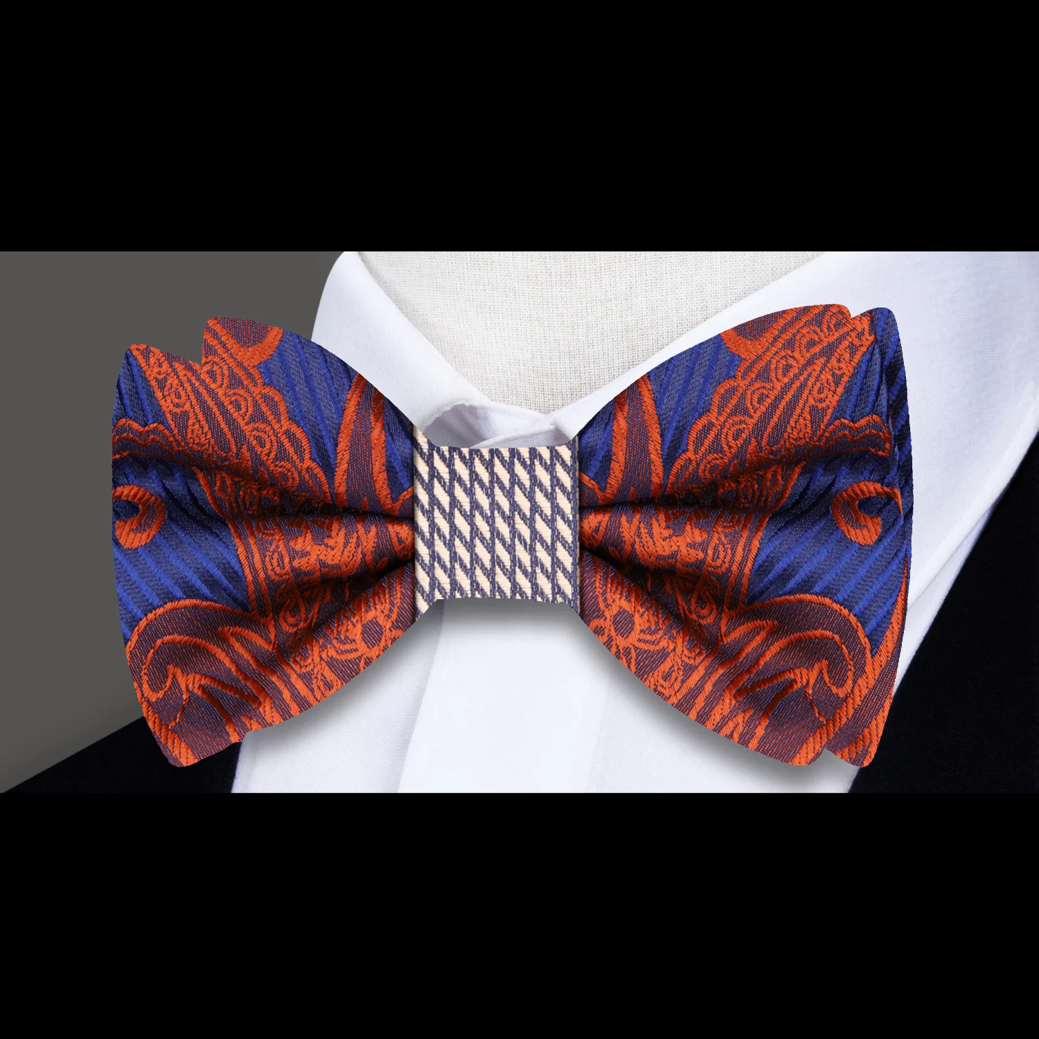 Blue, Grey, Orange Paisley Bow Tie 