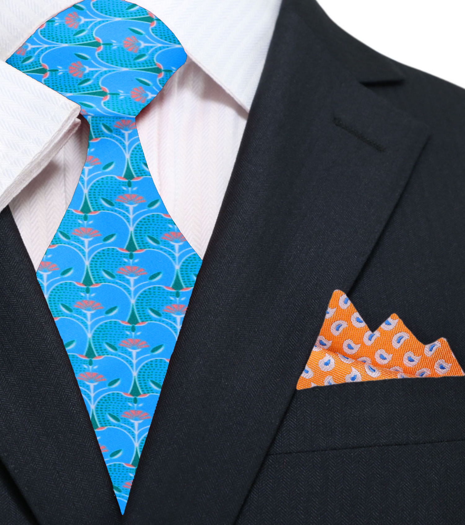 Premium Blue Apple Slice Necktie and Accenting Orange Blue Paisley Square