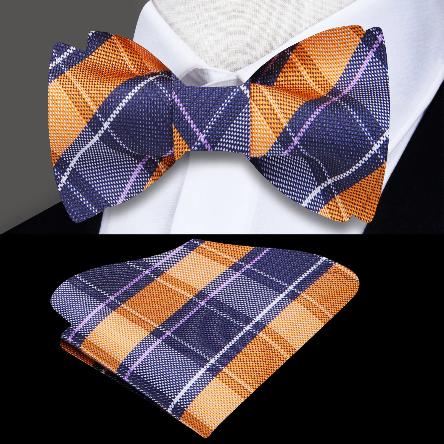 Purple, Orange, Blue Plaid Bow Tie and Pocket Square