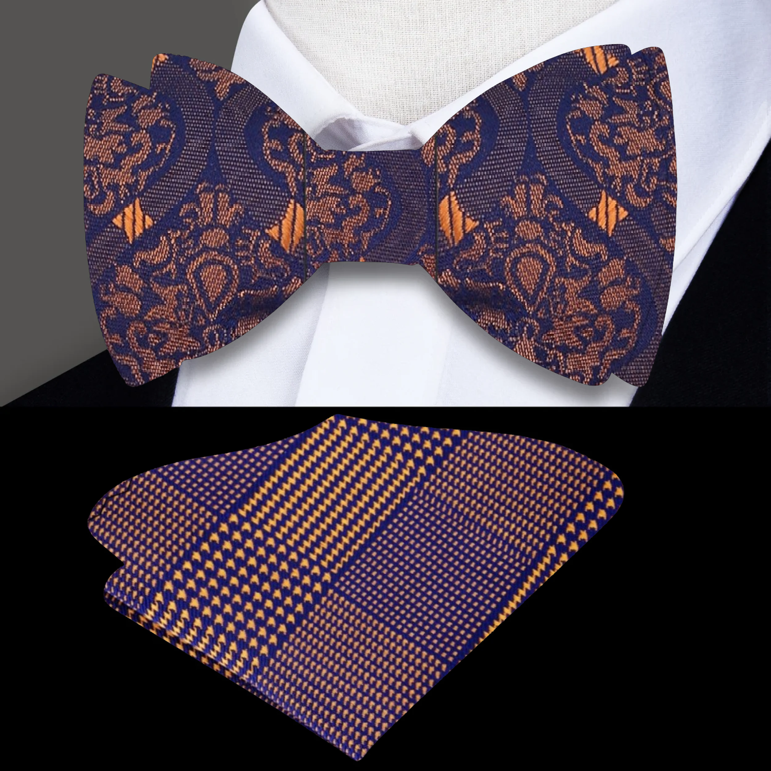 Deep Blue and Orange Abstract Bow Tie and Accenting Square
