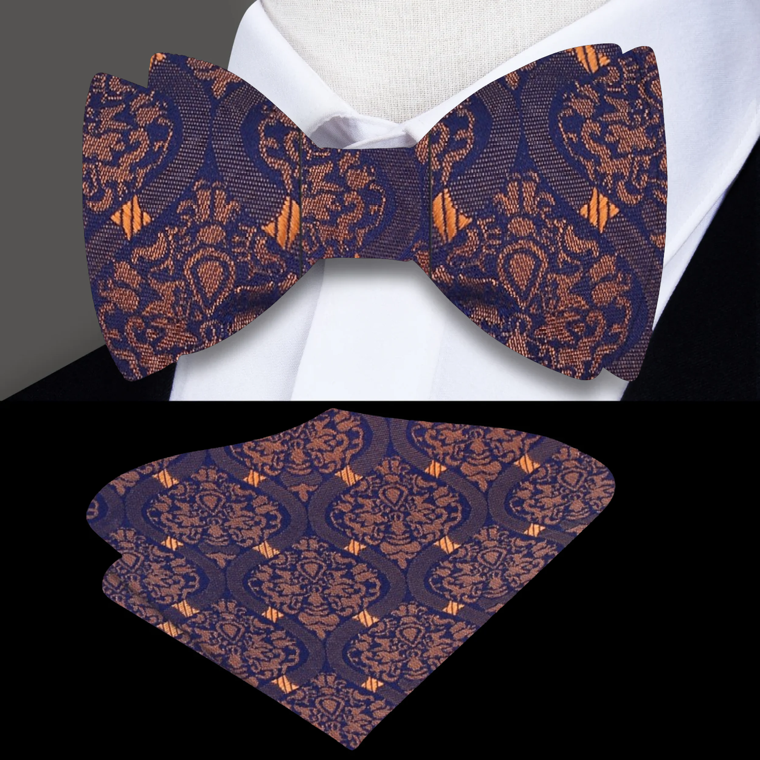 Deep Blue and Rich Orange Abstract Bow Tie and Pocket Square