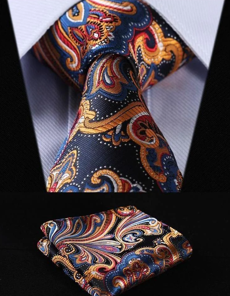 Main: Blue, Red, Orange Paisley Tie and Square