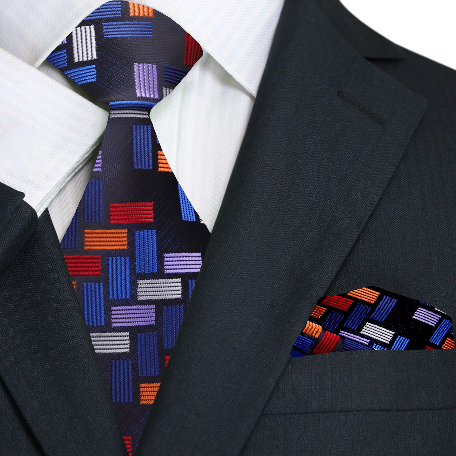 Premium: Red, Blue, Orange Blocks Tie and Pocket Square