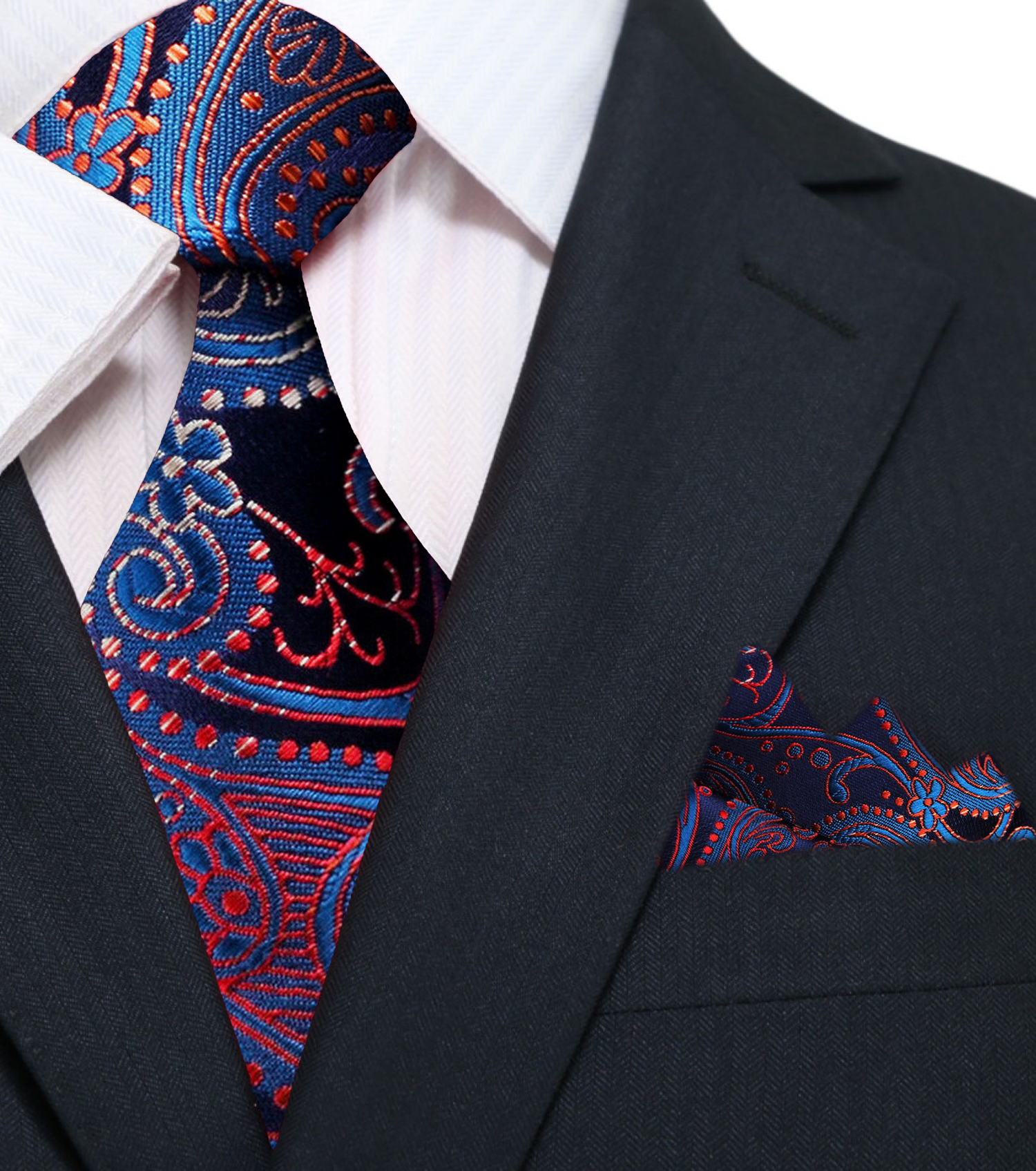 Main: blue, red paisley tie and pocket square