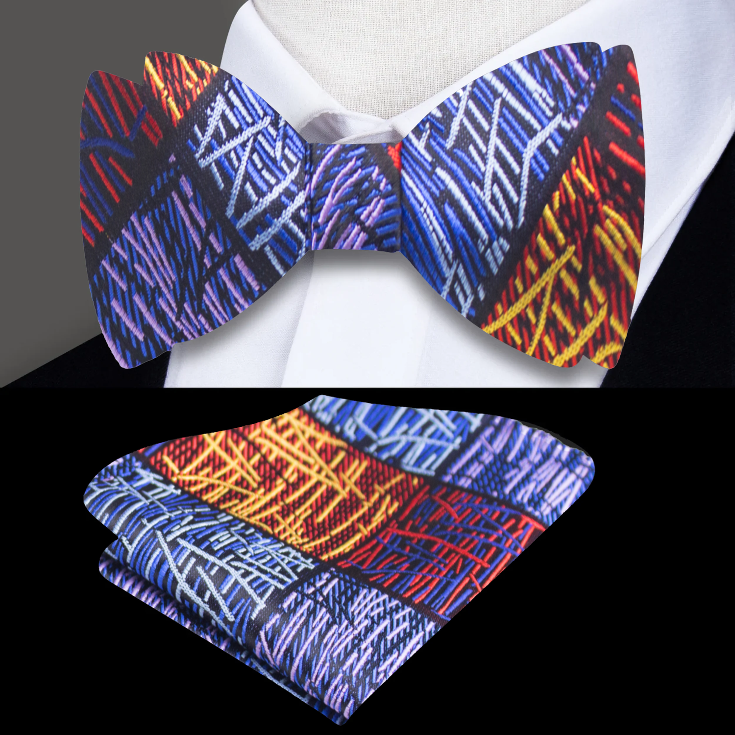 A Orange, Red, Blue, Purple Abstract Lines with Geometric Shapes Pattern Silk Self Tie Bow Tie, Matching Pocket Square