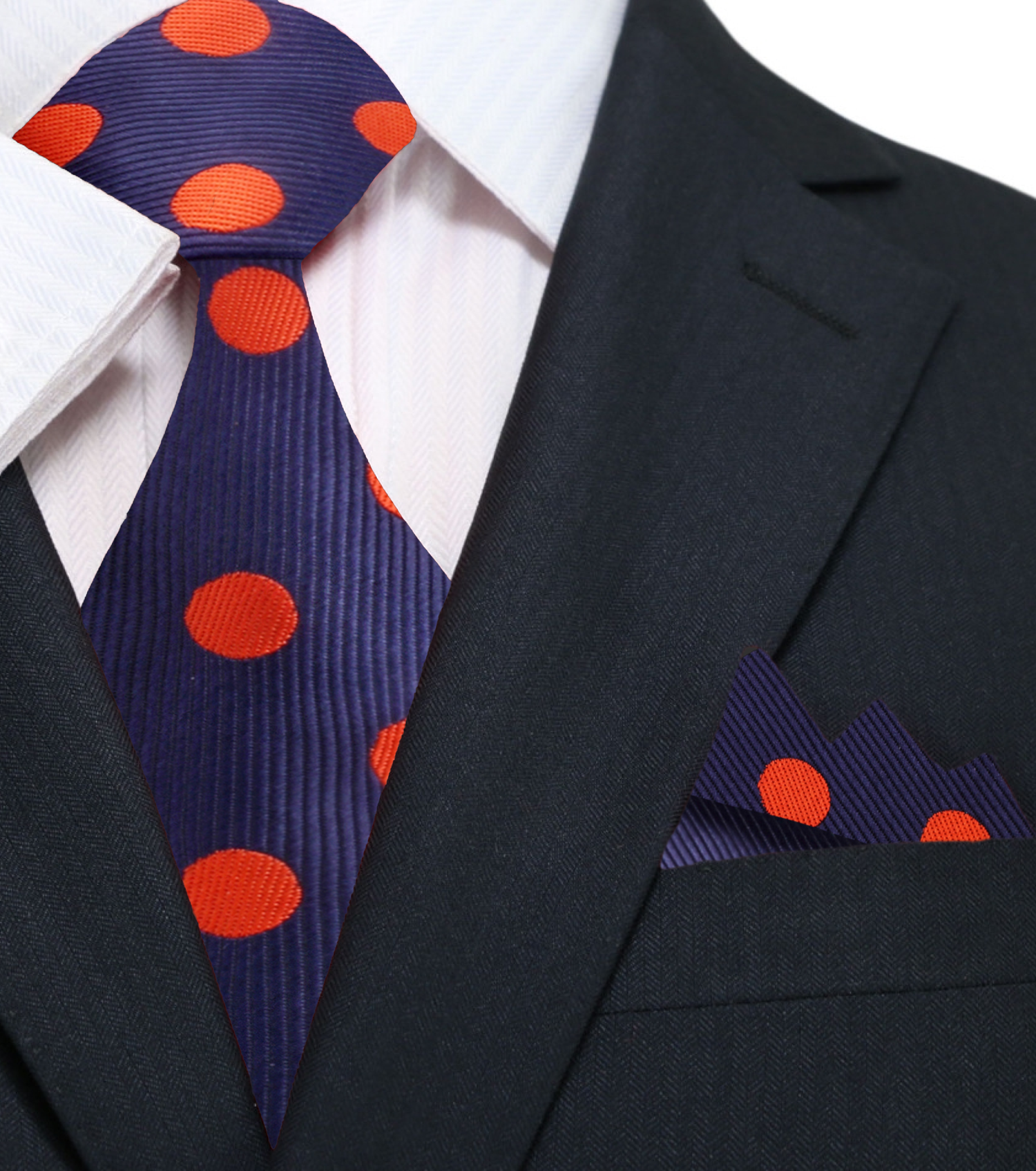 Main: A Blue, Orange Polka Dot Pattern Silk Necktie, Matching Pocket Square