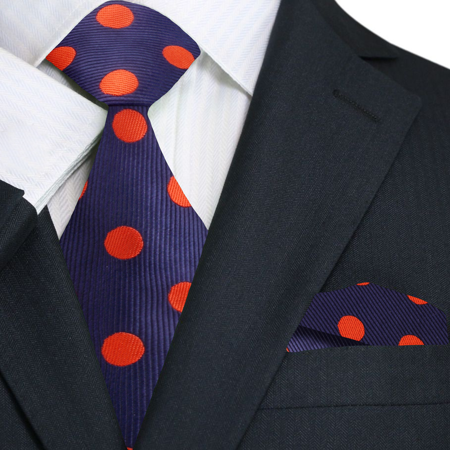 Main: A Blue, Orange Polka Dot Pattern Necktie, Matching Pocket Square