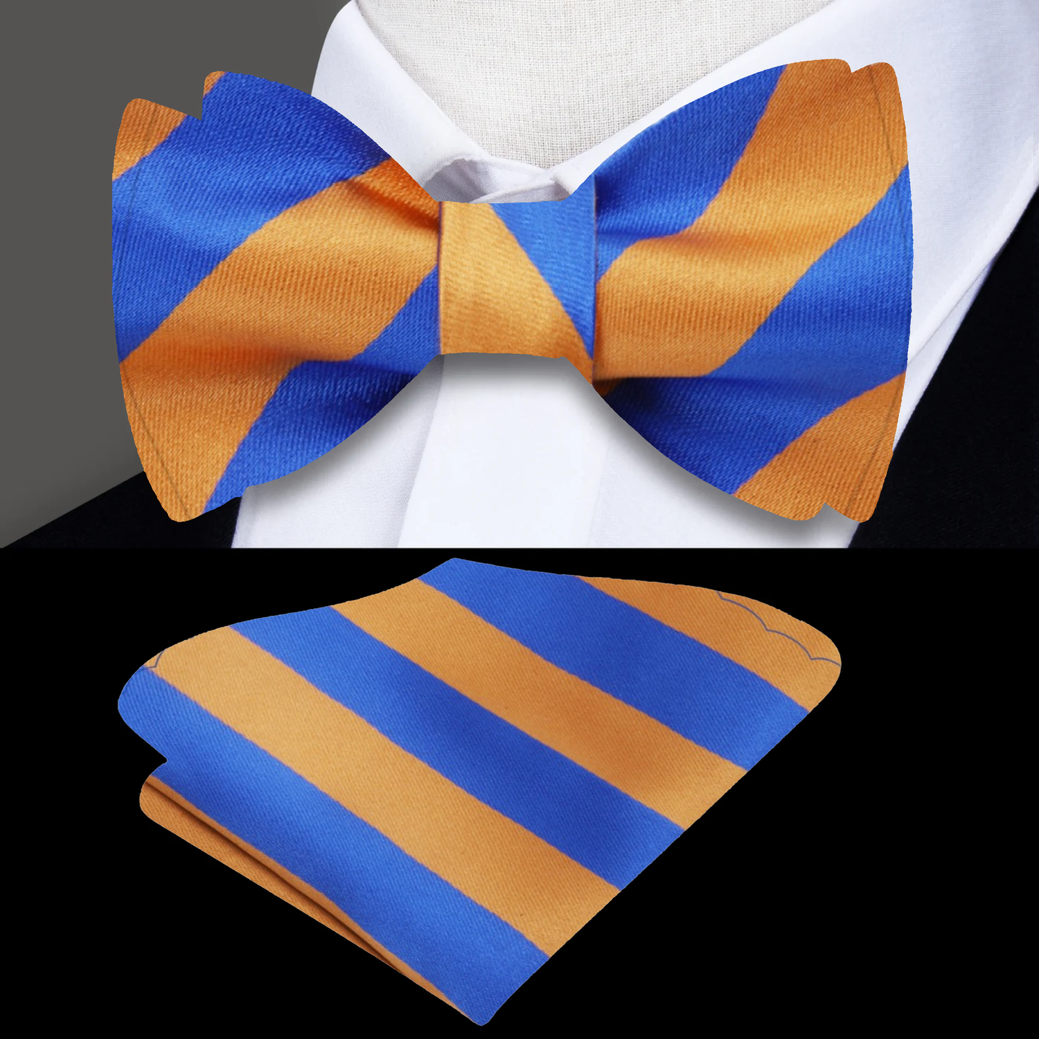 Main View: A Orange, Blue Stripe Pattern Silk Self Tie Bow Tie, Matching Pocket Square