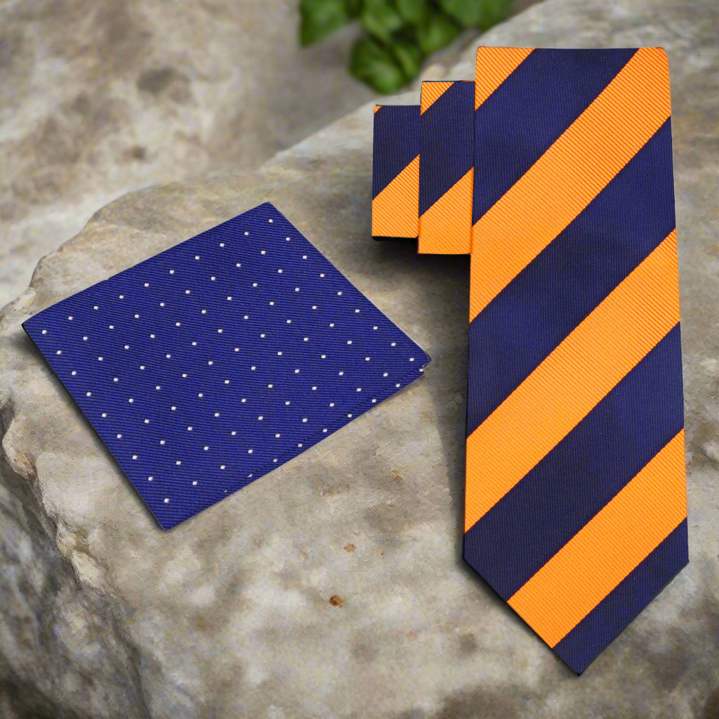 Alt Blue, Orange Block Stripe Necktie with Dark Blue and White Dot Square