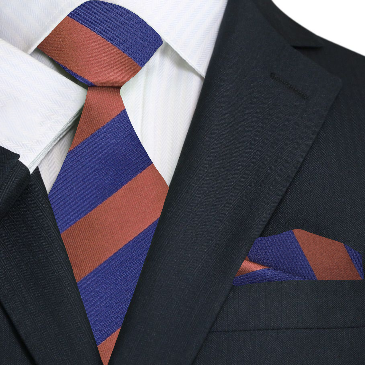 Premium A Burnt Orange, Deep Blue Color Stripe Pattern Silk Tie, Matching Pocket Square